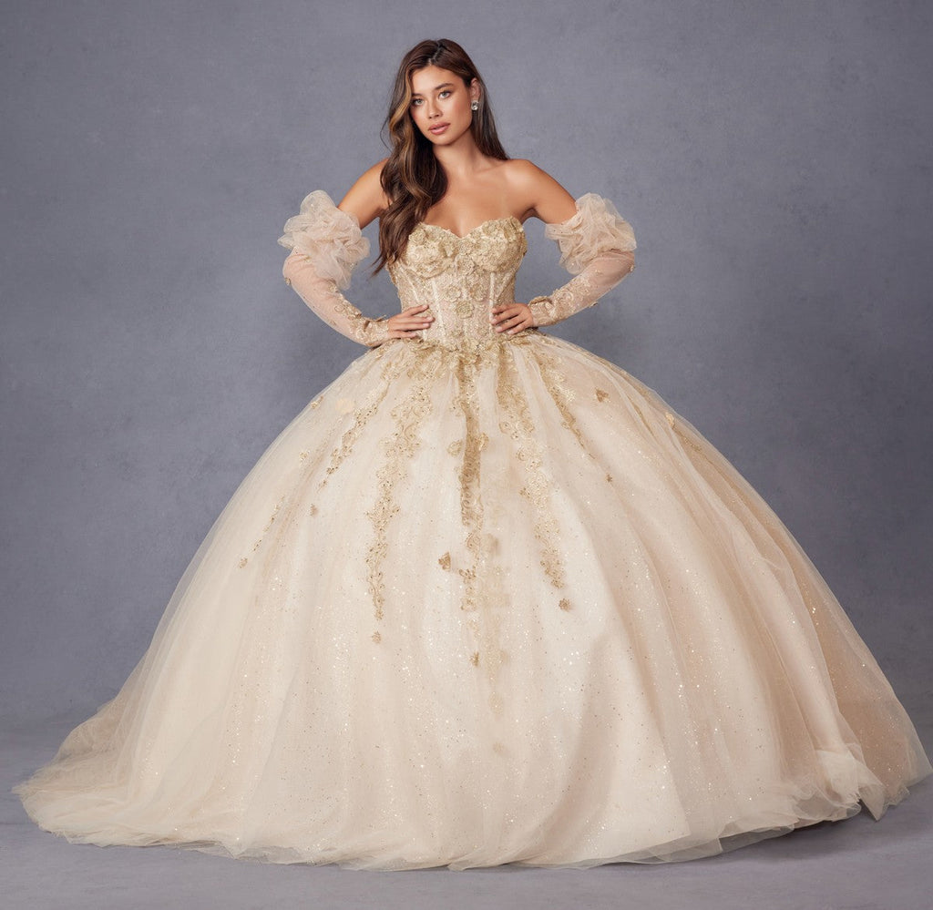 Champagne quinceanera ball gown with 3D flower bodice, puff sleeves, and sparkling tulle skirt