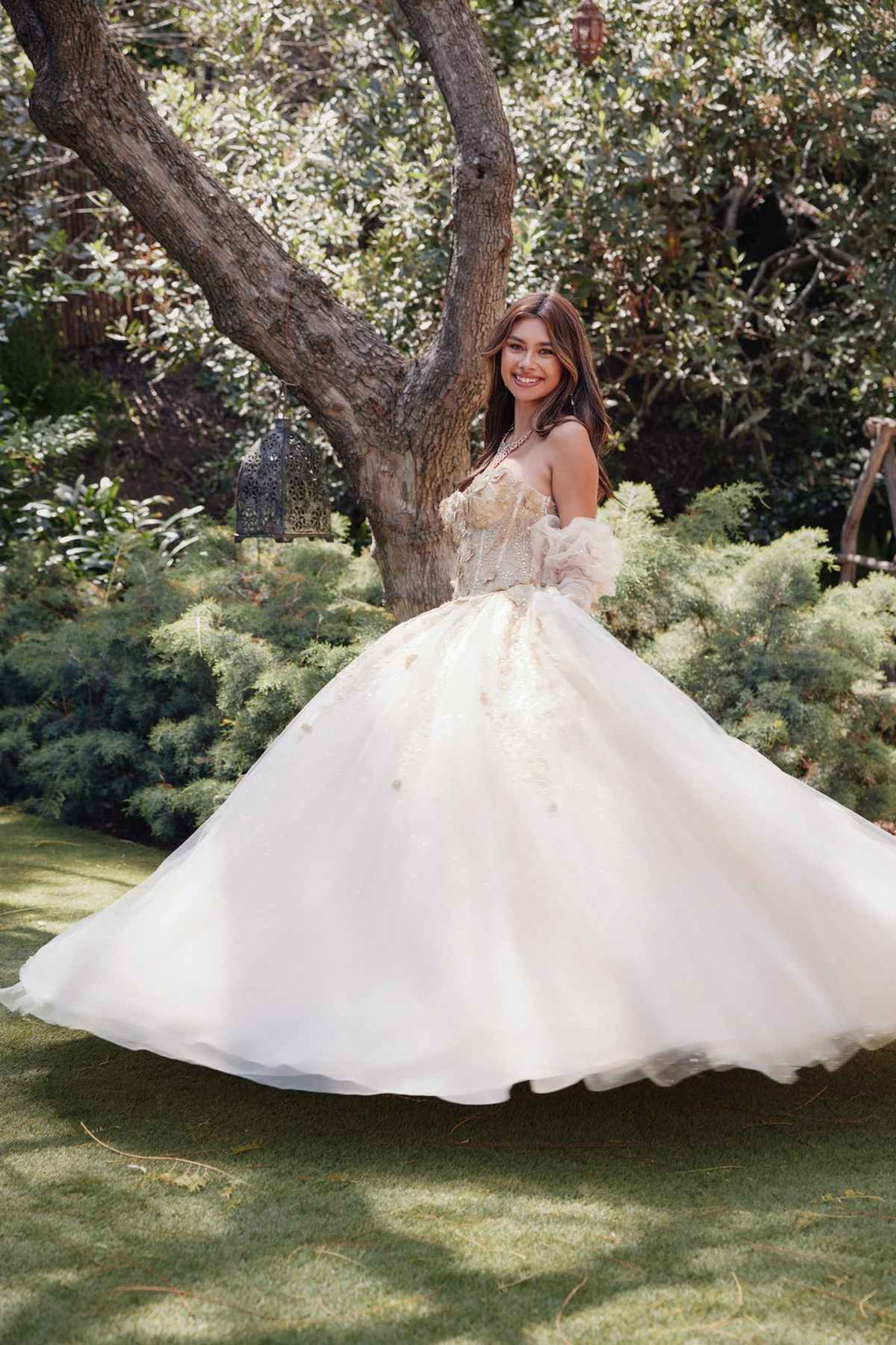 Champagne quinceanera ball gown dress with 3D flower applique bodice and puff sleeves