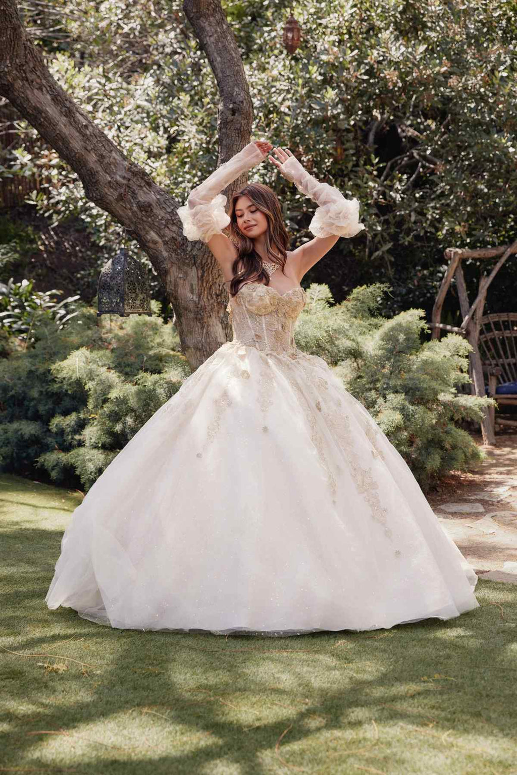 Champagne quinceanera ball gown with 3D flower appliques, off-shoulder look, and puff sleeves