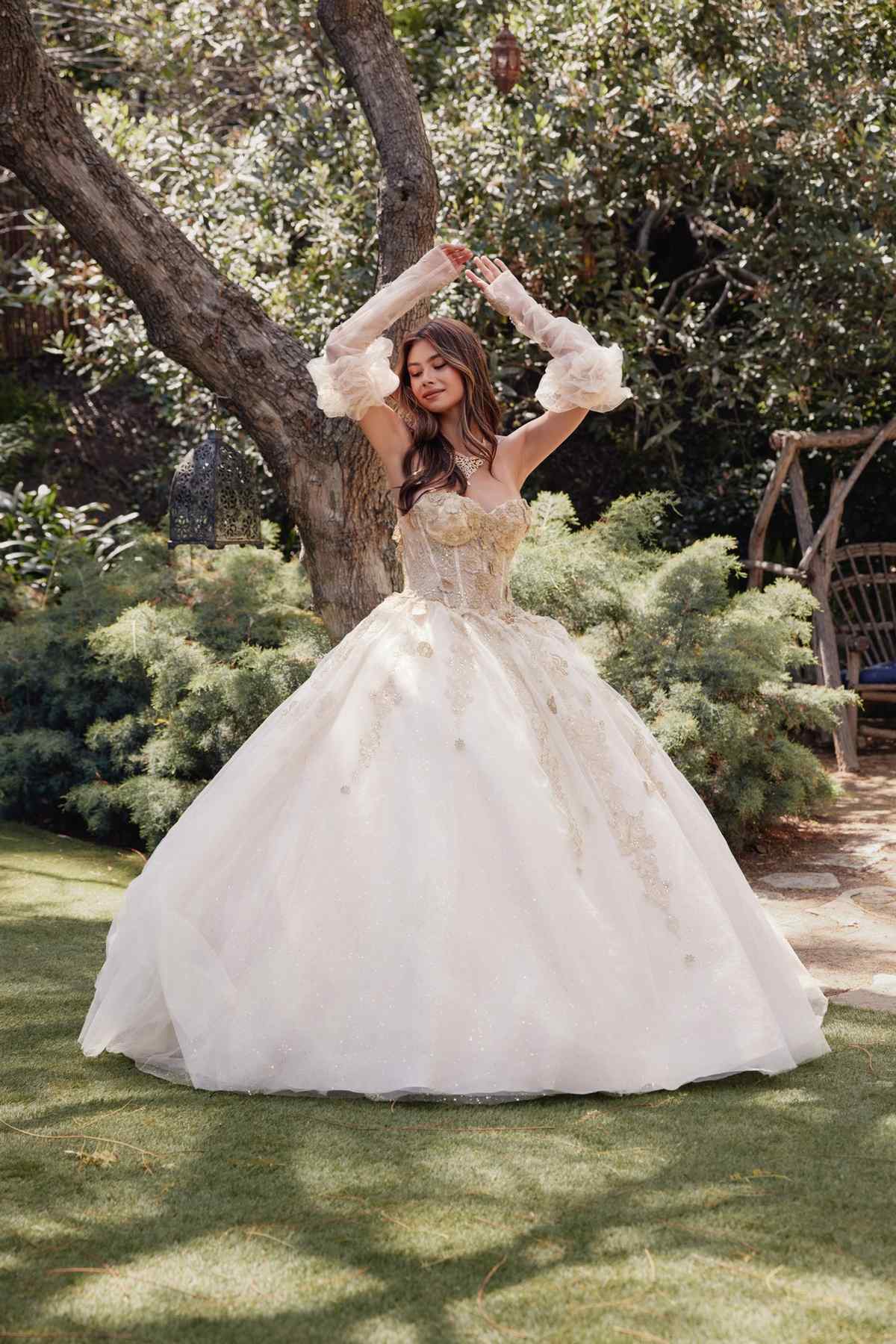 Champagne quinceanera ball gown with 3D flower appliques, off-shoulder look, and puff sleeves