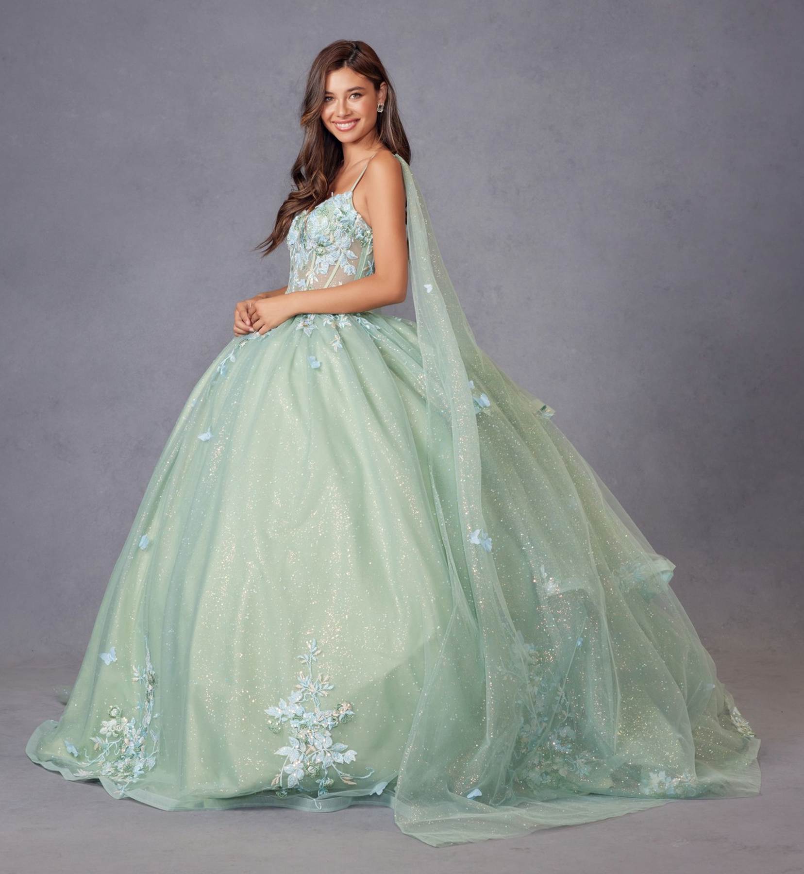 Sage green quinceanera gown with floral appliques on bodice and skirt, side view