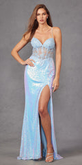 Ice blue sequin slit gown with lace embroidered bodice and spaghetti straps