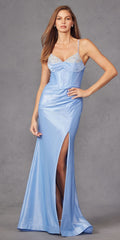 Light blue long corset gown with spaghetti straps, sweetheart neckline, and front slit