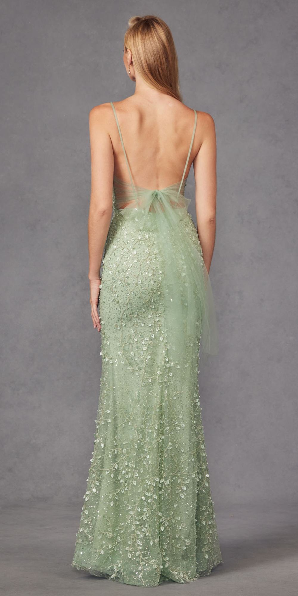 Sage green fully beaded long gown with open back and back slit