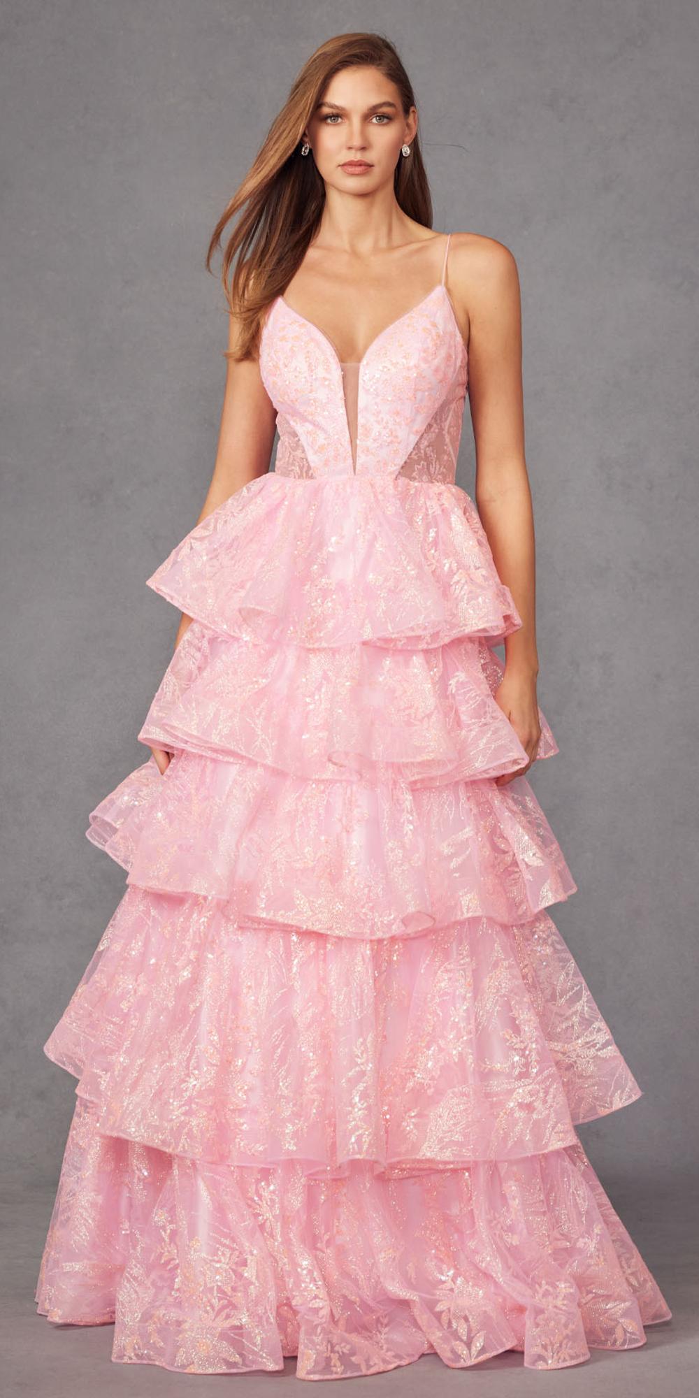 Candy pink glitter A-line gown with sweetheart neckline and tiered ruffle layers