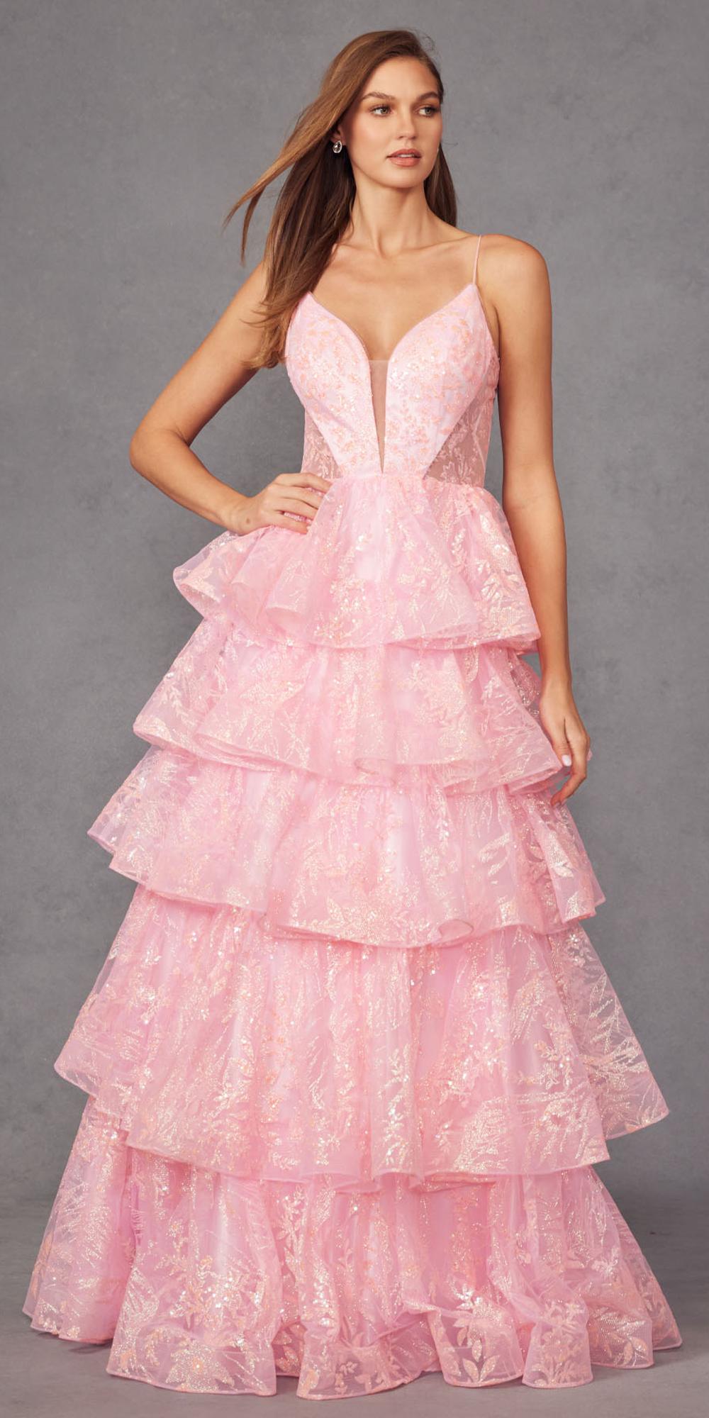 Candy pink glitter A-line gown with sweetheart neckline and tiered ruffle skirt, front