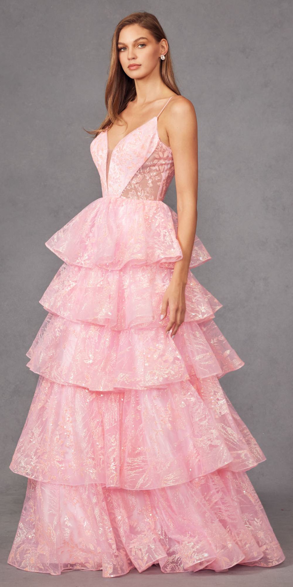 Candy pink glitter A-line gown with sweetheart bodice and layered tiered ruffles