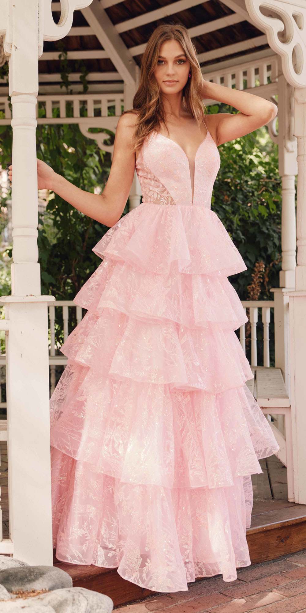 Candy pink glitter A-line gown with sweetheart neckline and tiered ruffle skirt