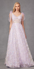 Lilac A-line gown, V-neck, sleeveless, 3D floral glitter print, sheer cap sleeves.