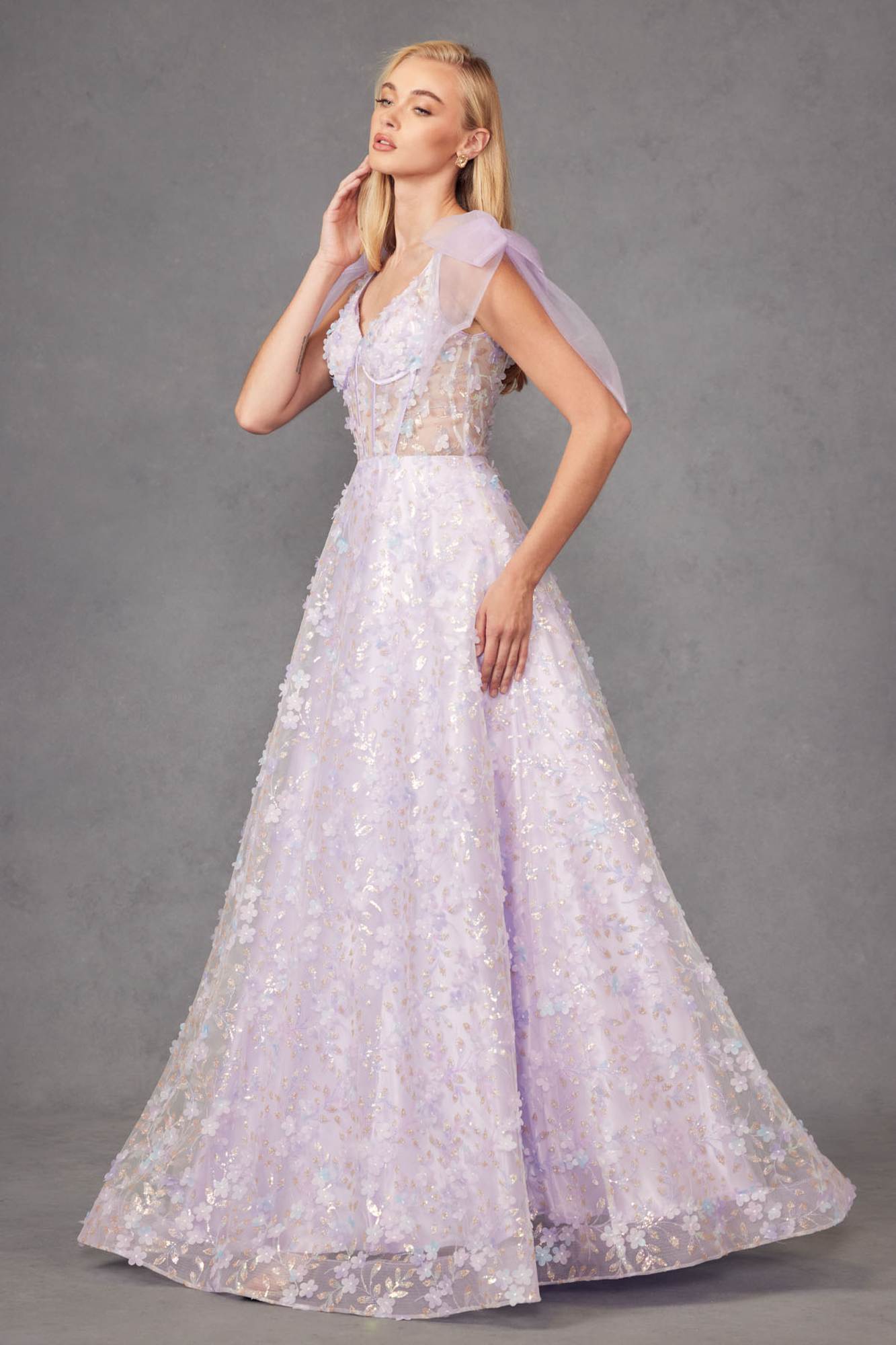 Lilac A-line long gown, V-neck and sheer cap sleeves, fitted waist, 3D floral glitter print.