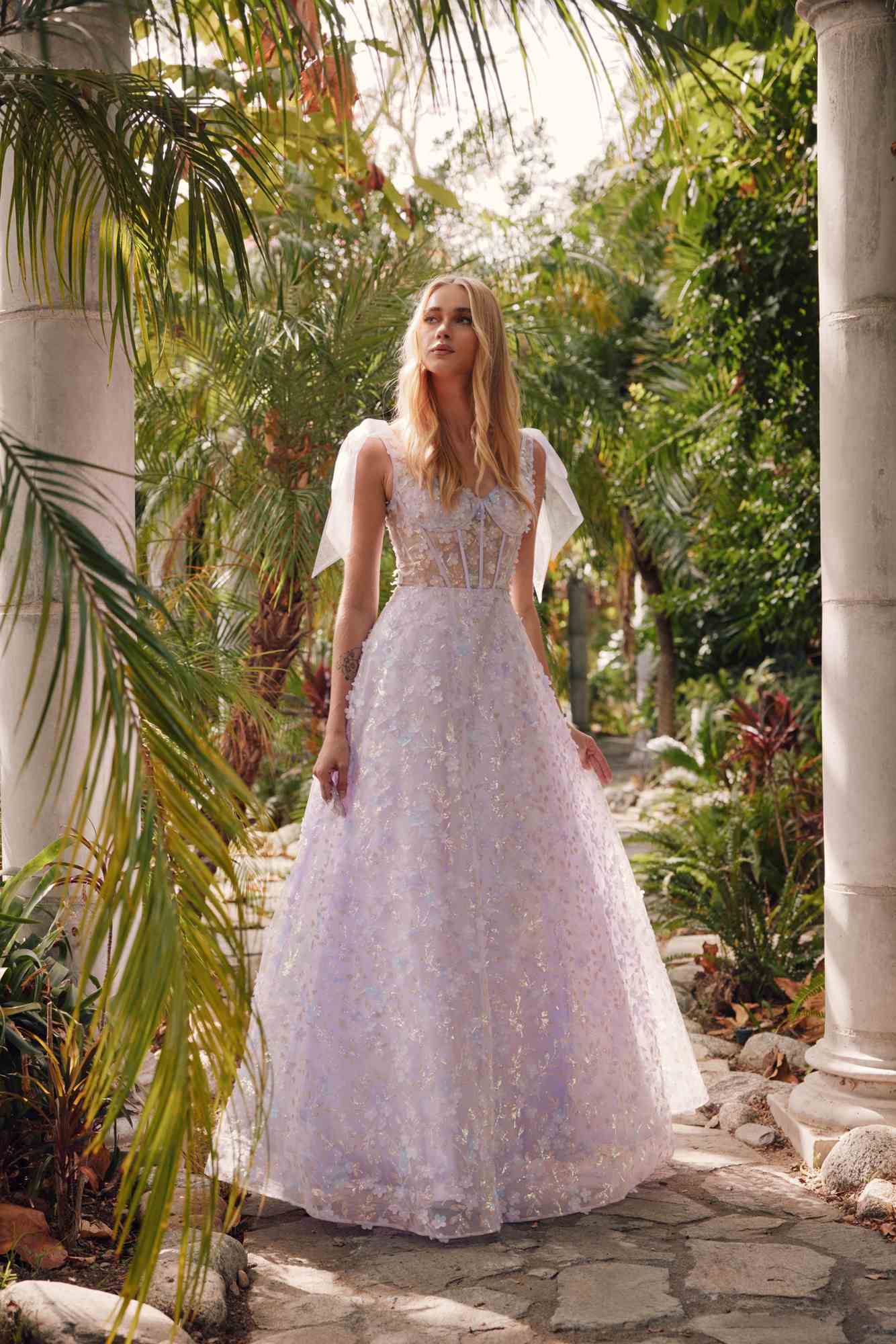 Lilac A-line long gown with V-neck and sparkling 3D floral glitter overlay, sheer cap sleeves.