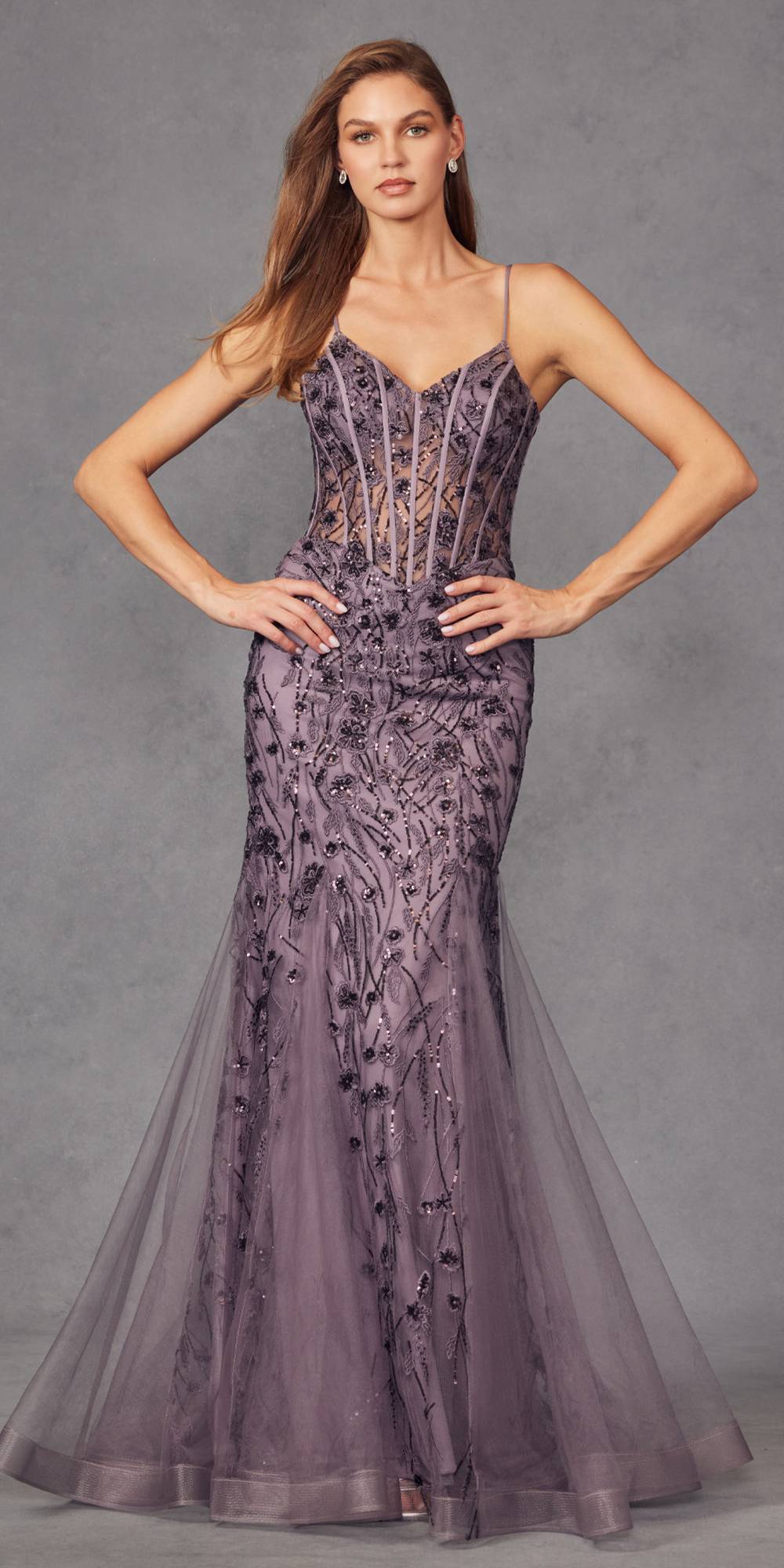 Embellished sleeveless mermaid dress with corset bodice, purple beaded pattern
