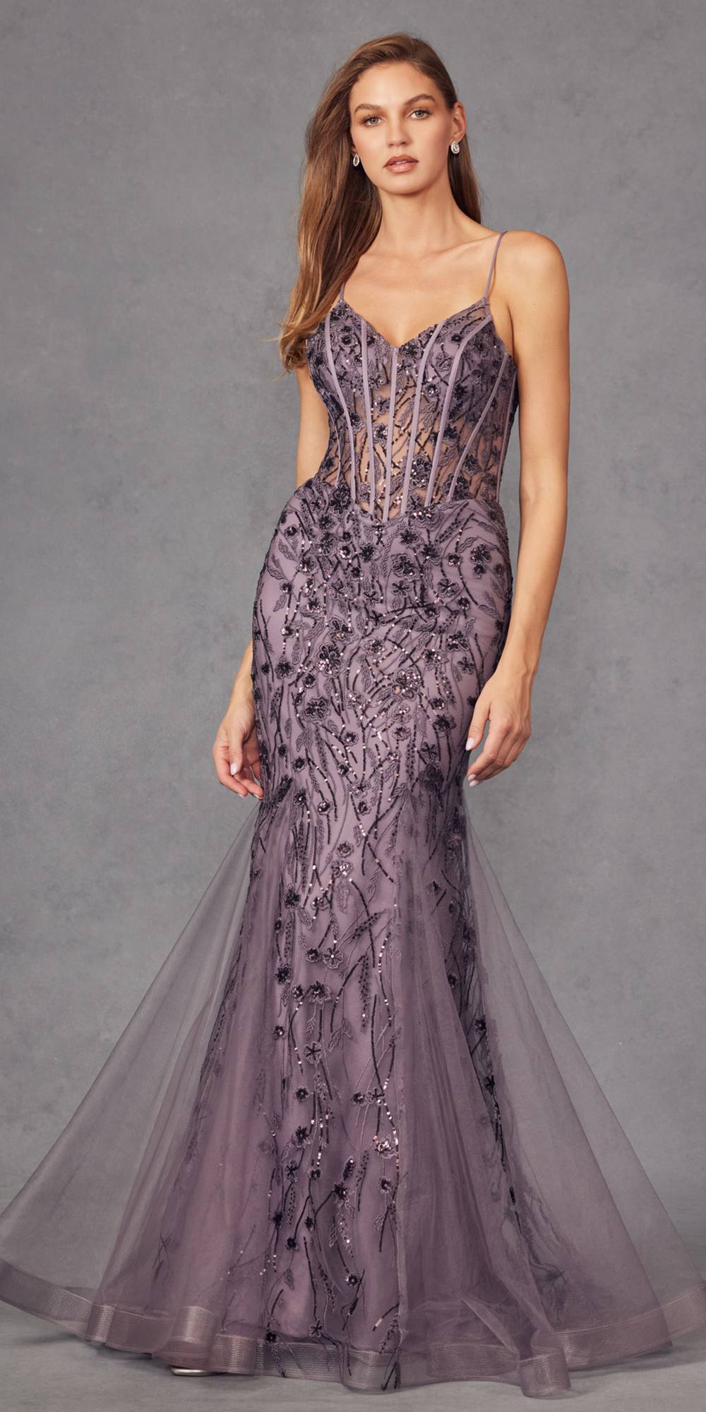 Grey purple embellished sleeveless mermaid dress with corset bodice and beaded detailing