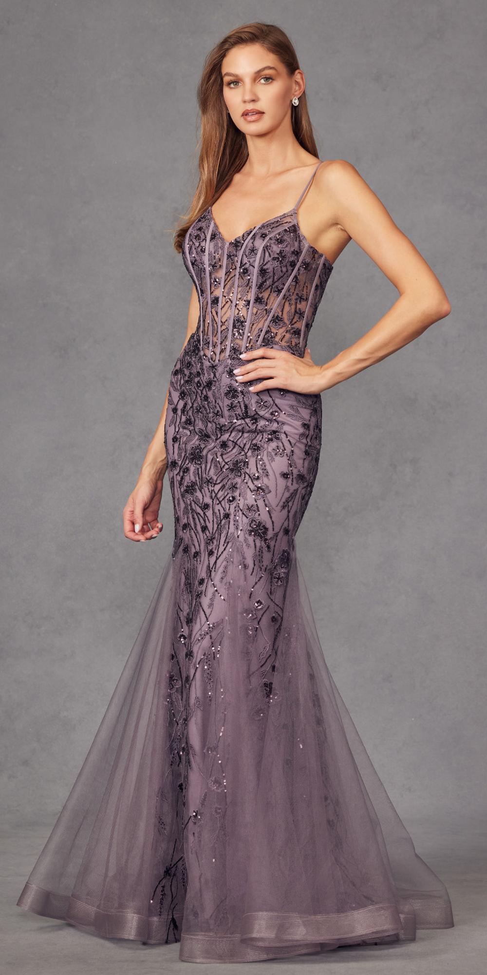 Embellished sleeveless mermaid dress with corset bodice, purple beaded details