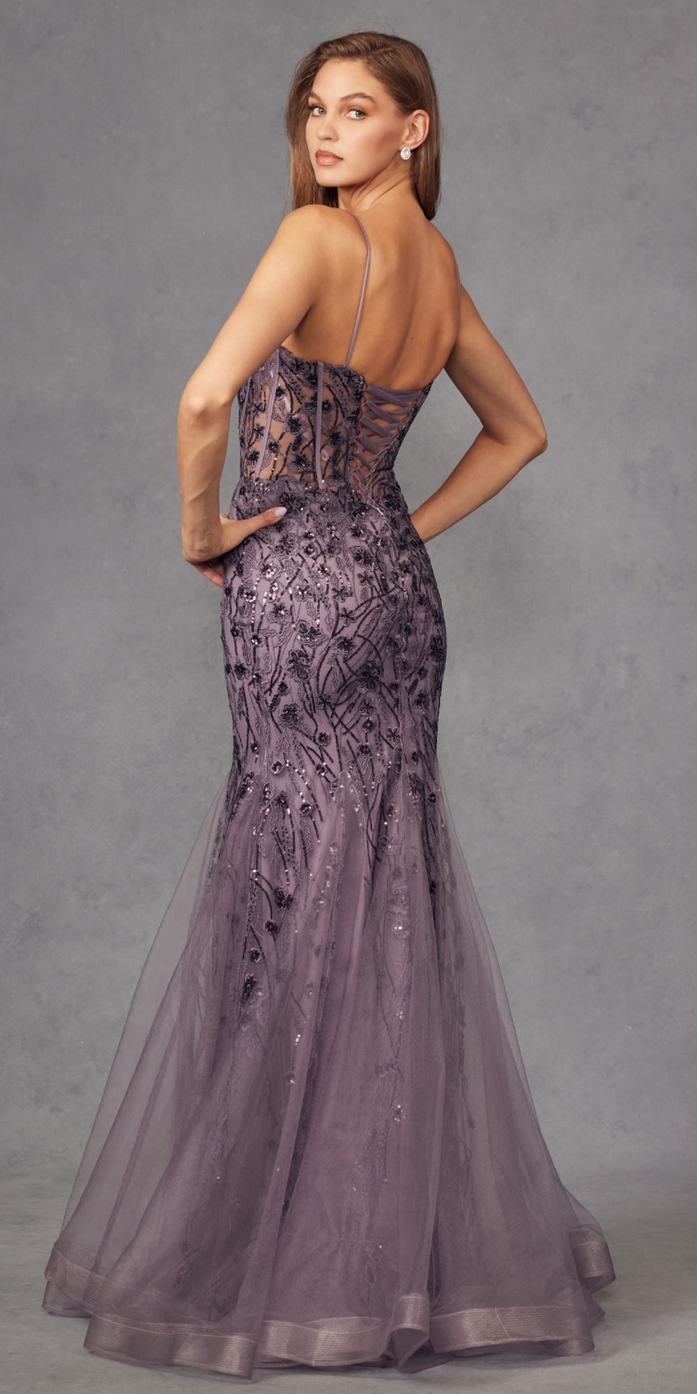Embellished sleeveless open-back mermaid dress with corset bodice, purple beading