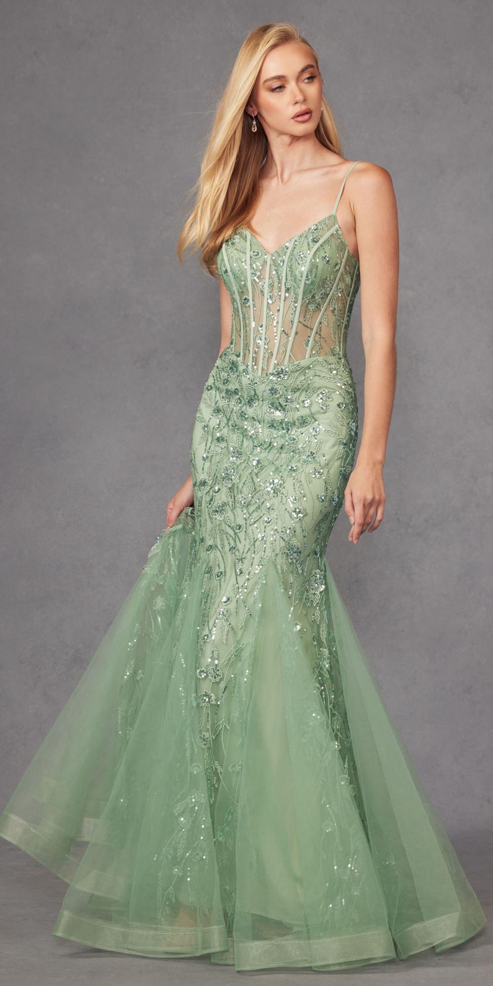 Sage green embellished sleeveless mermaid dress with corset-style boning and sparkle beading
