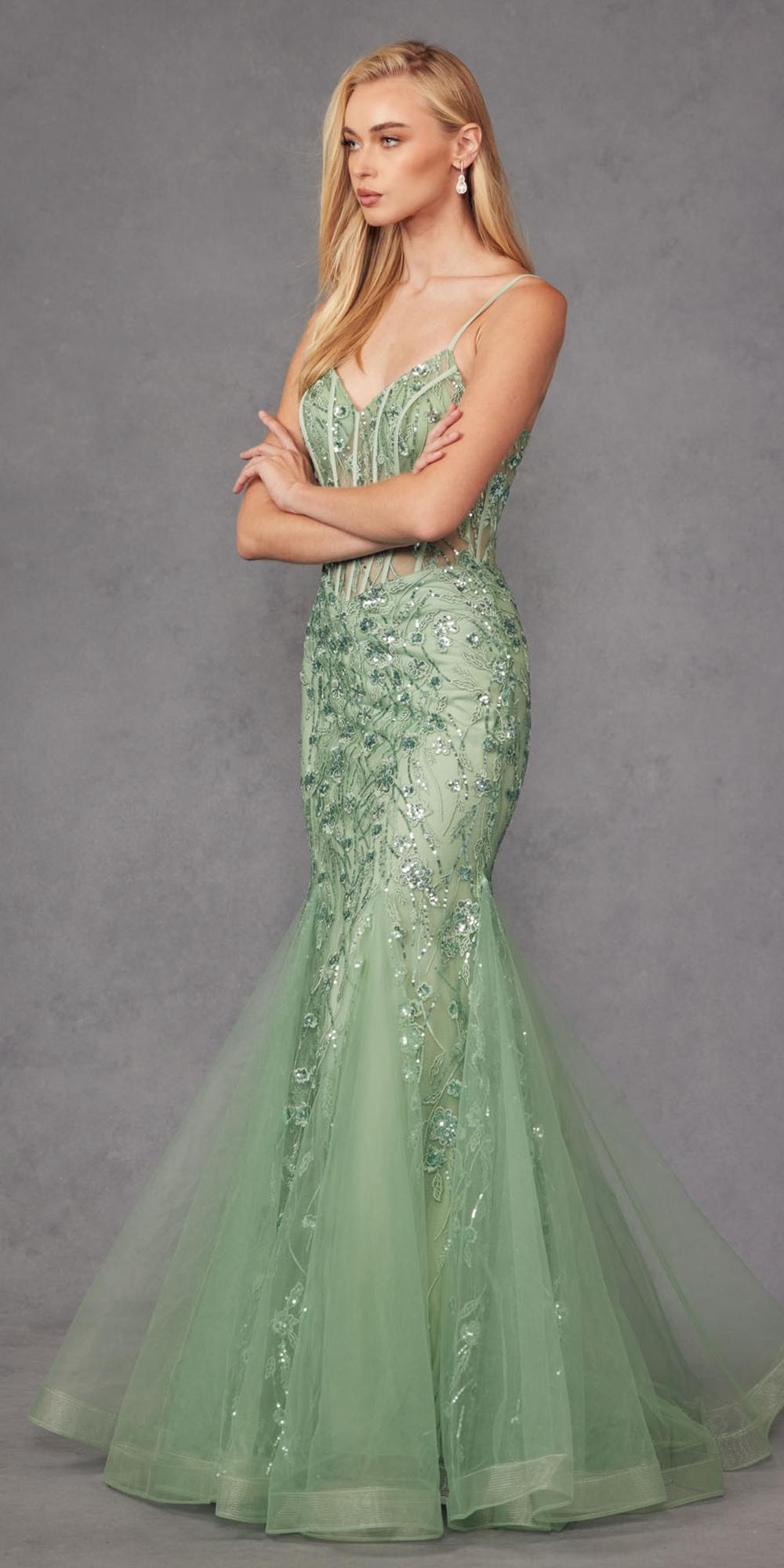 Sage green embellished sleeveless mermaid dress, corset bodice with decorative beadwork