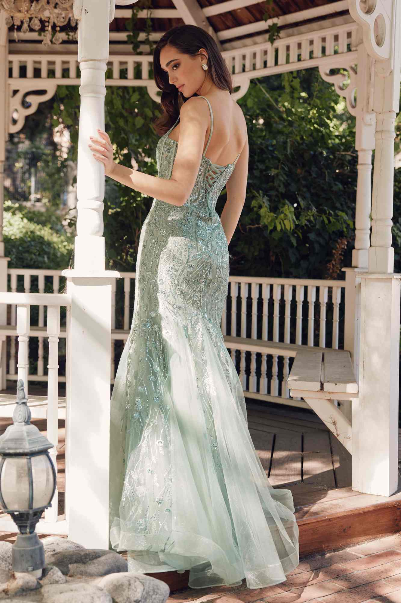 Sage green embellished sleeveless mermaid dress with corset bodice and flowing tulle skirt