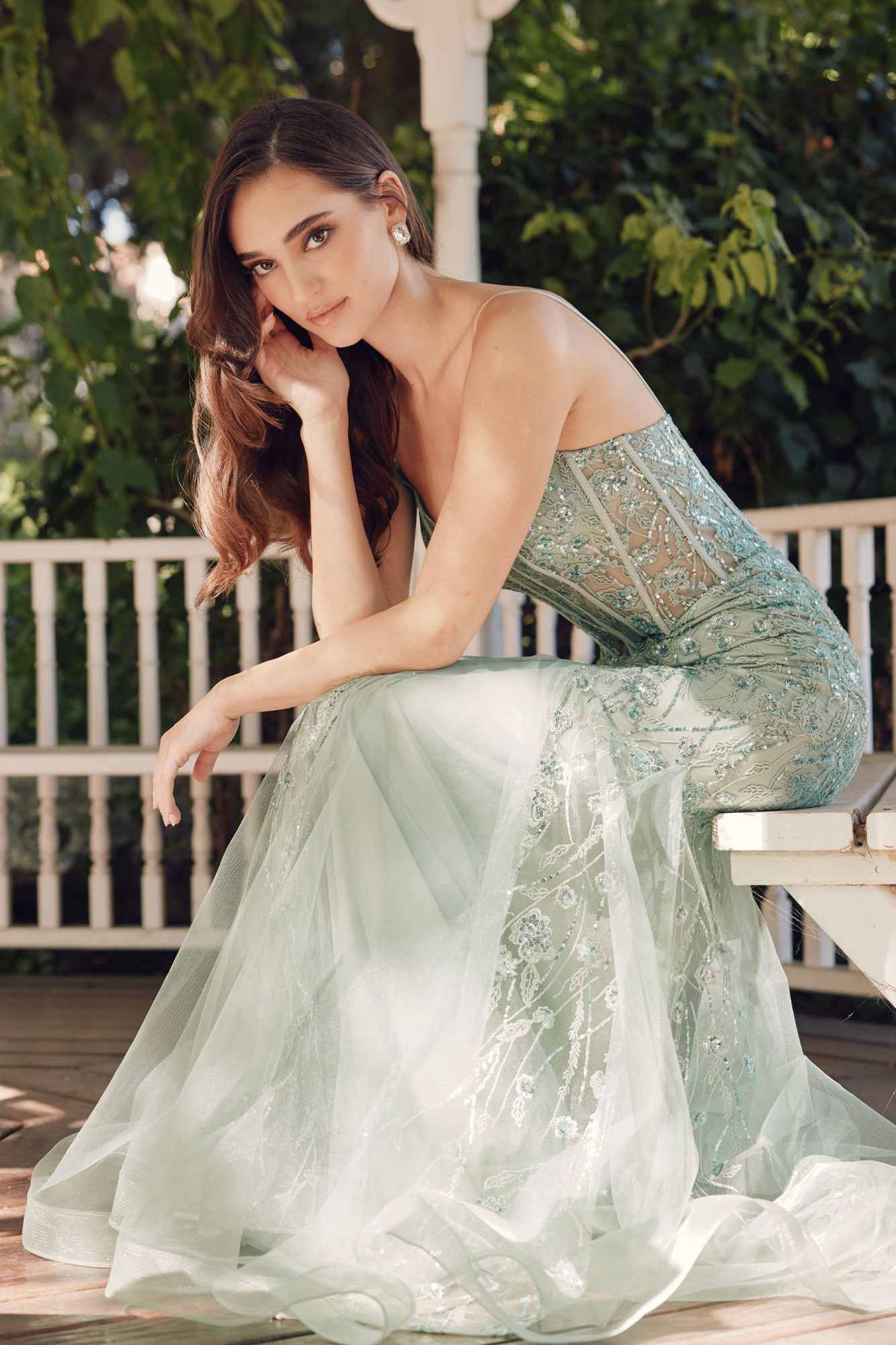 Sage green embellished sleeveless mermaid dress with corset bodice and beaded detailing