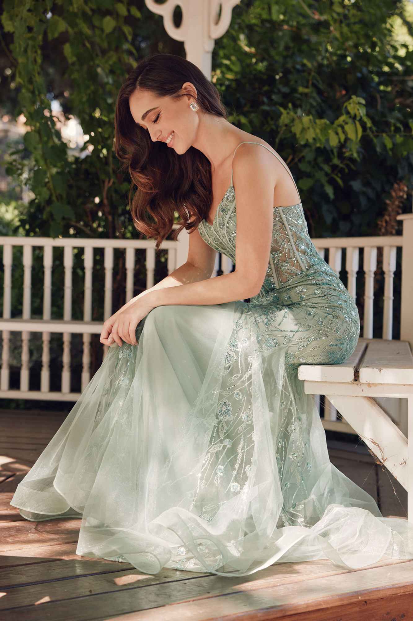 Sage green embellished sleeveless mermaid dress with corset bodice, lace-like beadwork