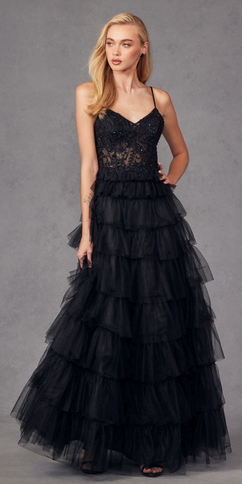 Black sleeveless lace bodice A-line gown with tiered ruffle tulle skirt