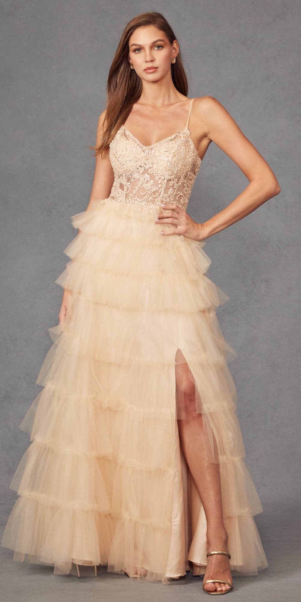 Ivory lace sleeveless bodice tiered tulle A-line ruffled gown with thigh slit