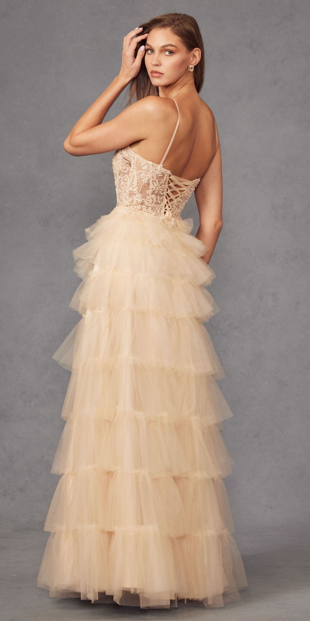 Ivory lace sleeveless bodice tiered tulle A-line ruffled gown