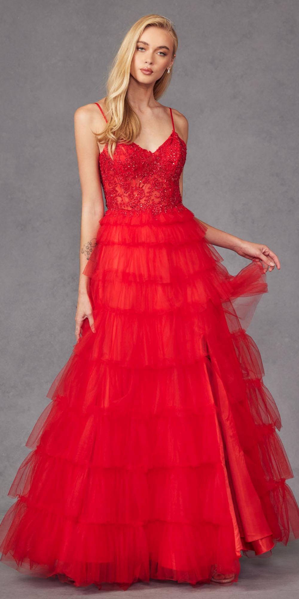 Red lace bodice sleeveless A-line gown with tiered ruffle tulle skirt