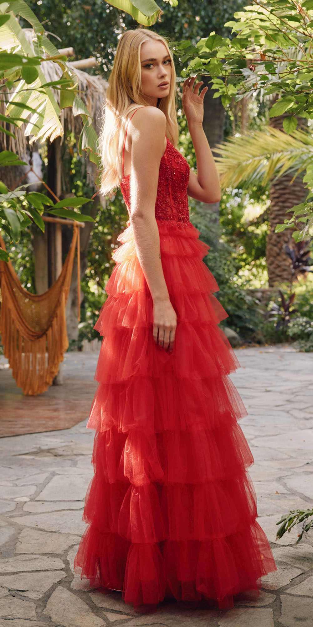 Red sleeveless lace bodice A-line gown with tiered ruffle tulle skirt