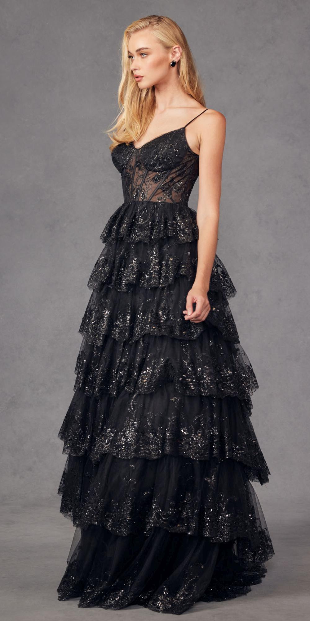 Black tiered sequin A-line gown with spaghetti straps and layered skirt