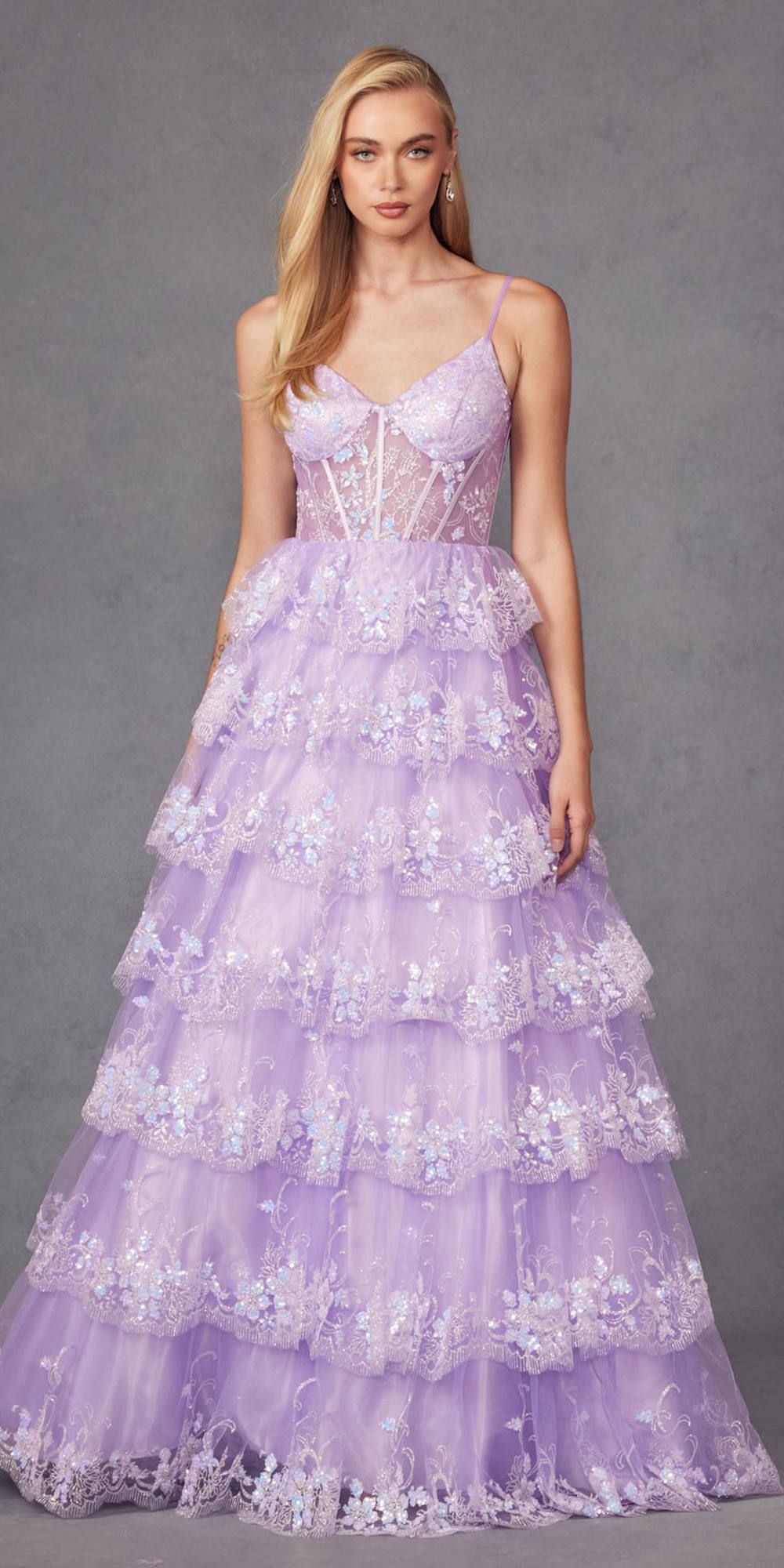 Lilac tiered sequin A-line gown with fitted bodice and layered ruffle skirt