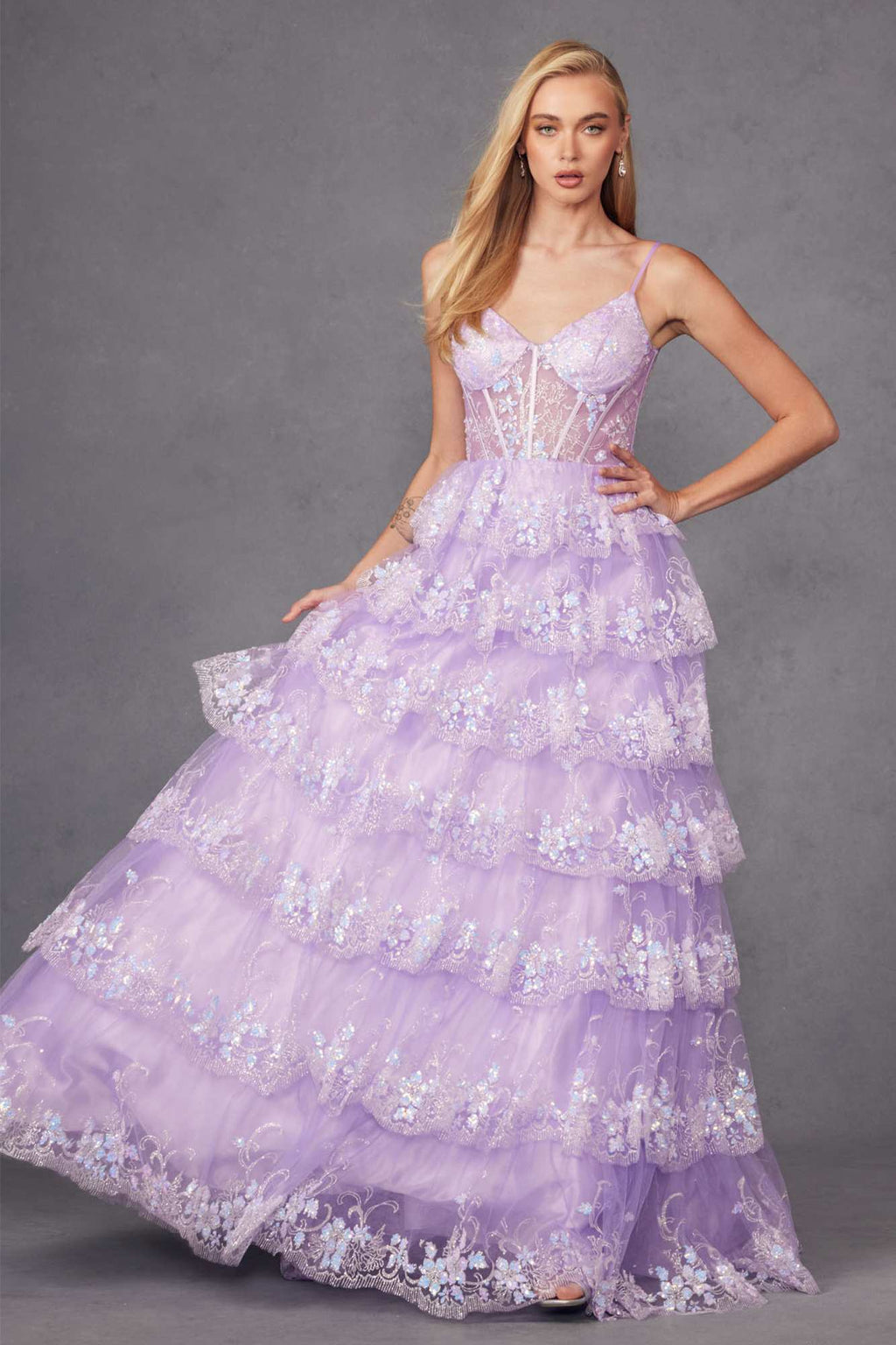 Lilac tiered sequin A-line gown with fitted bodice and voluminous layered ruffle skirt