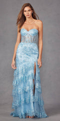 Powder blue strapless sweetheart slit gown with sheer corset bodice and tiered ruffles