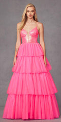 Bright fuchsia tiered ruffled tulle A-line dress with sequin bodice and spaghetti straps