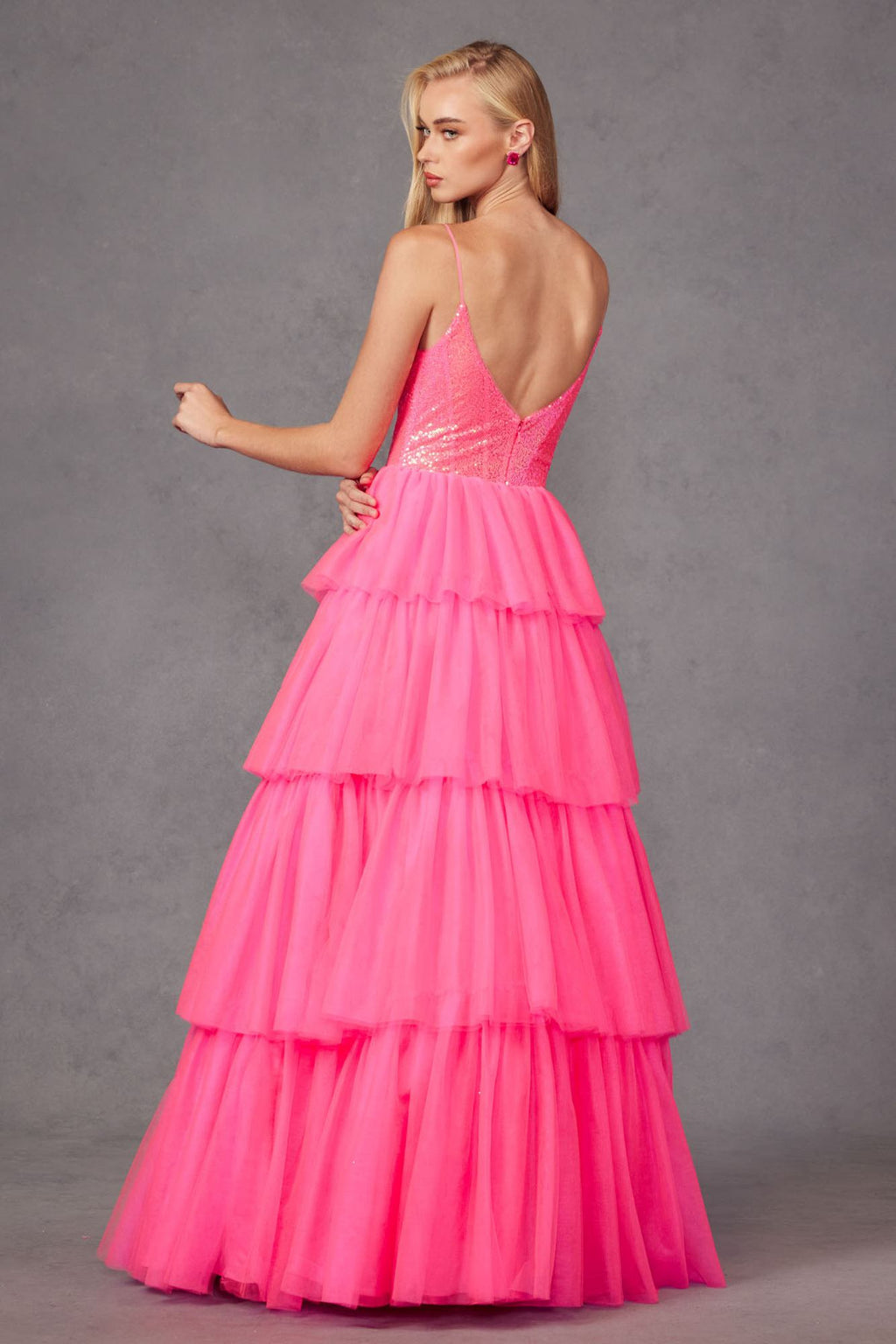 Bright fuchsia tiered ruffle tulle A-line dress with sequin bodice, open back