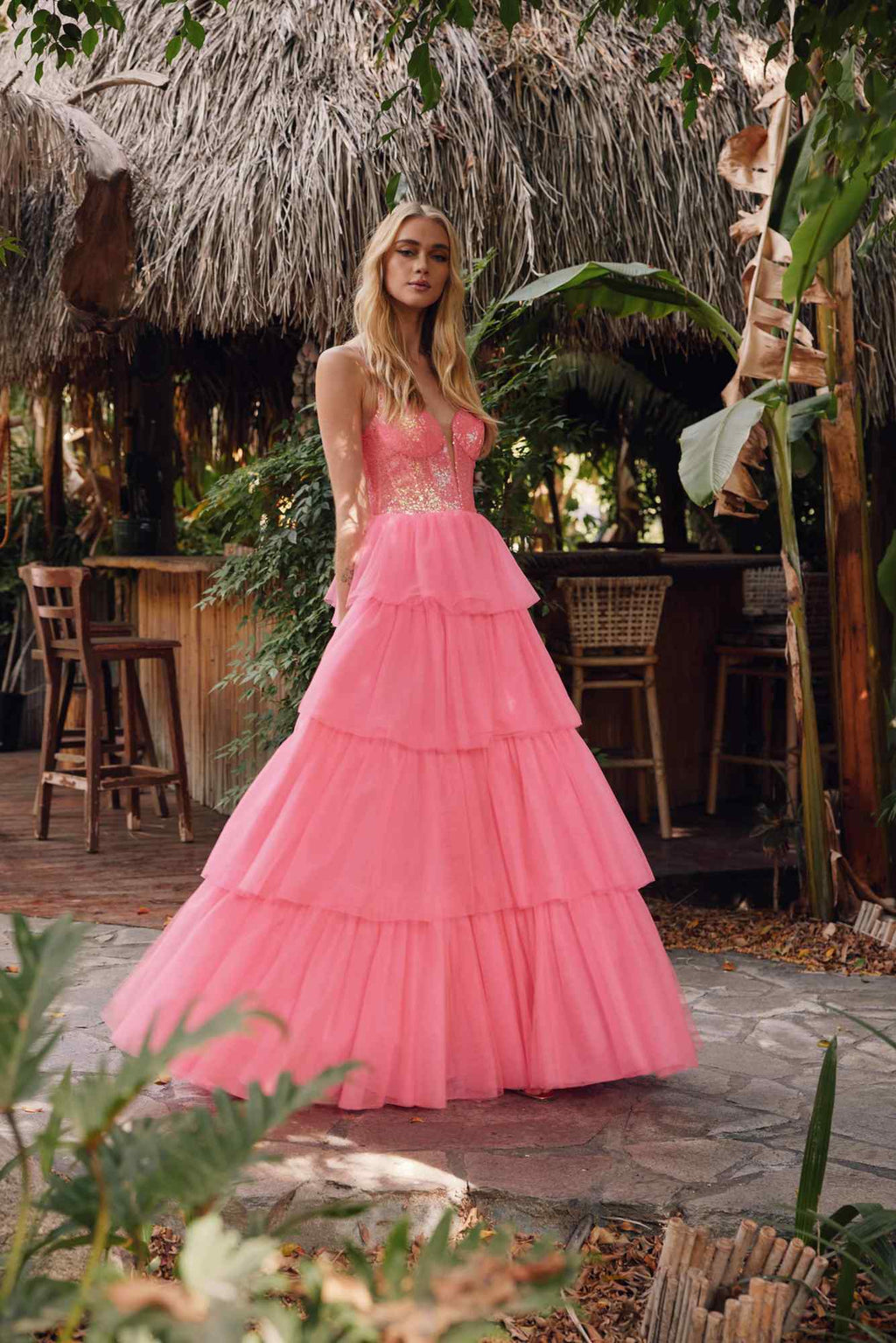 Bright fuchsia tiered ruffled tulle A-line dress with sequin bodice, full skirt