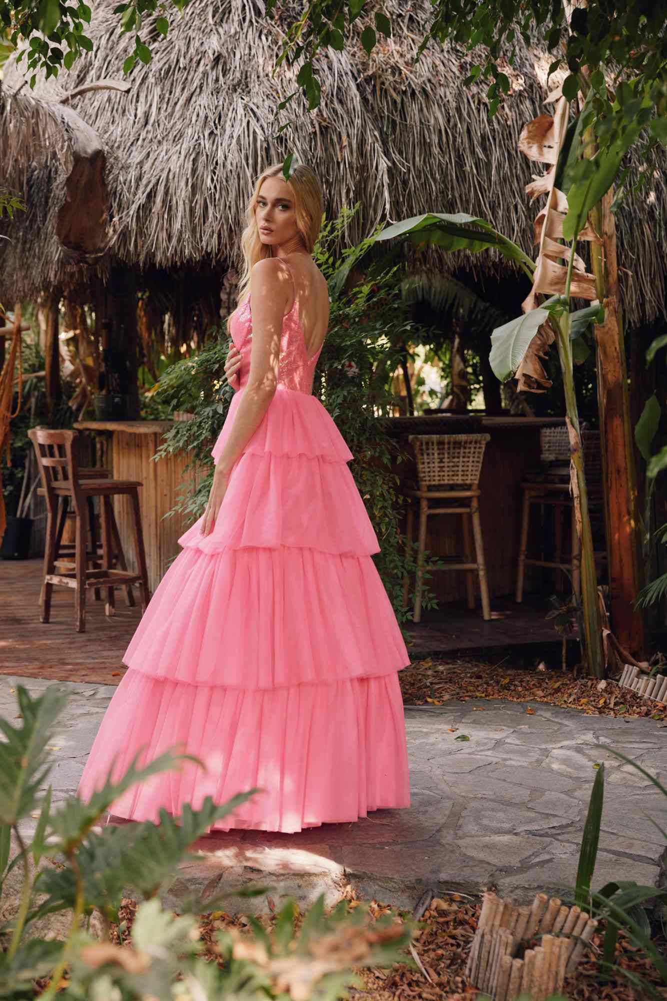 Bright fuchsia tiered ruffled tulle A-line dress with sequin bodice, back view