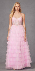 Baby pink long ruffle tulle A-line ball gown with lace bustier bodice and thin straps