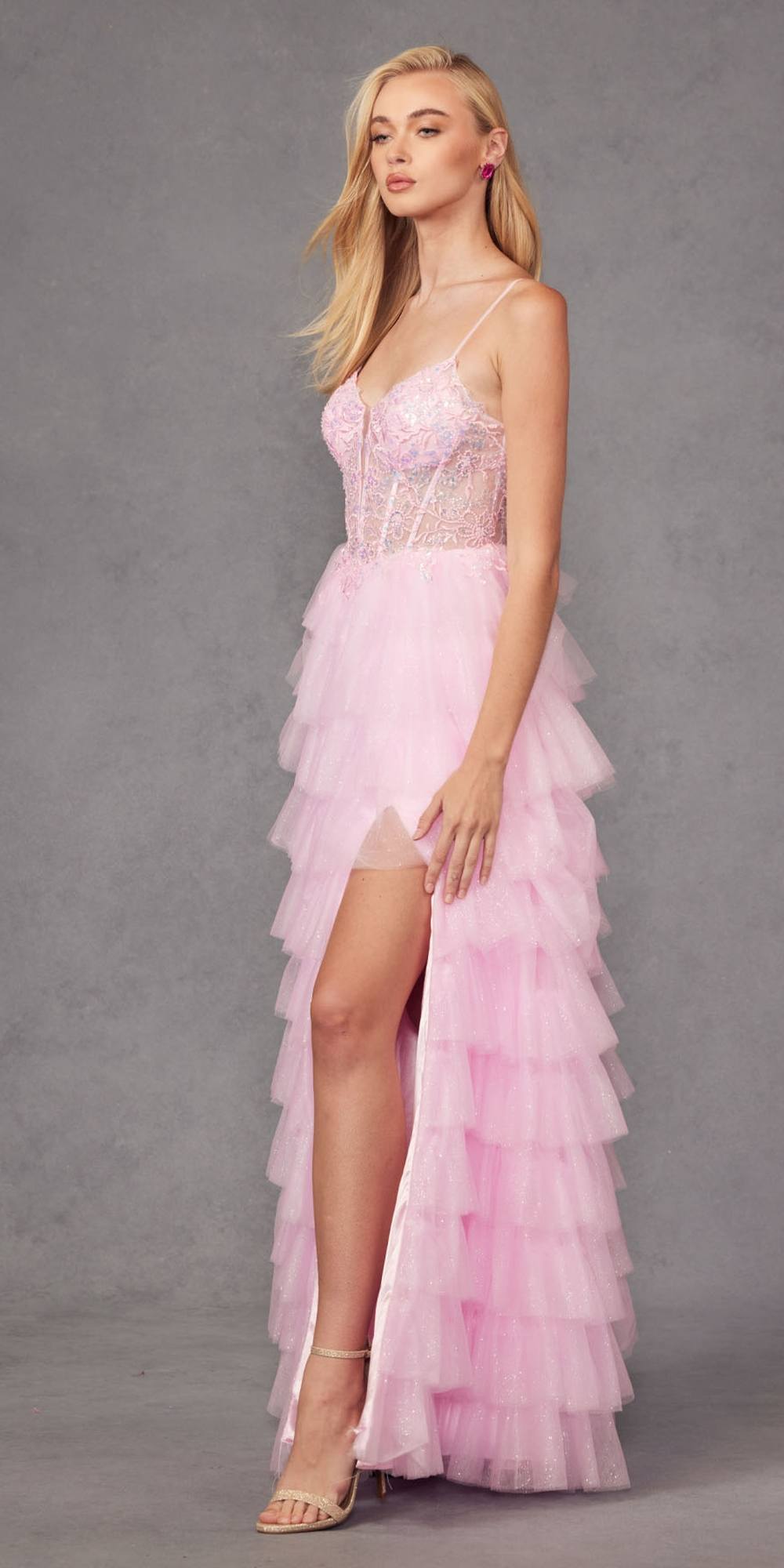Baby pink long ruffle tulle A-line ball gown with lace bustier bodice and thin straps