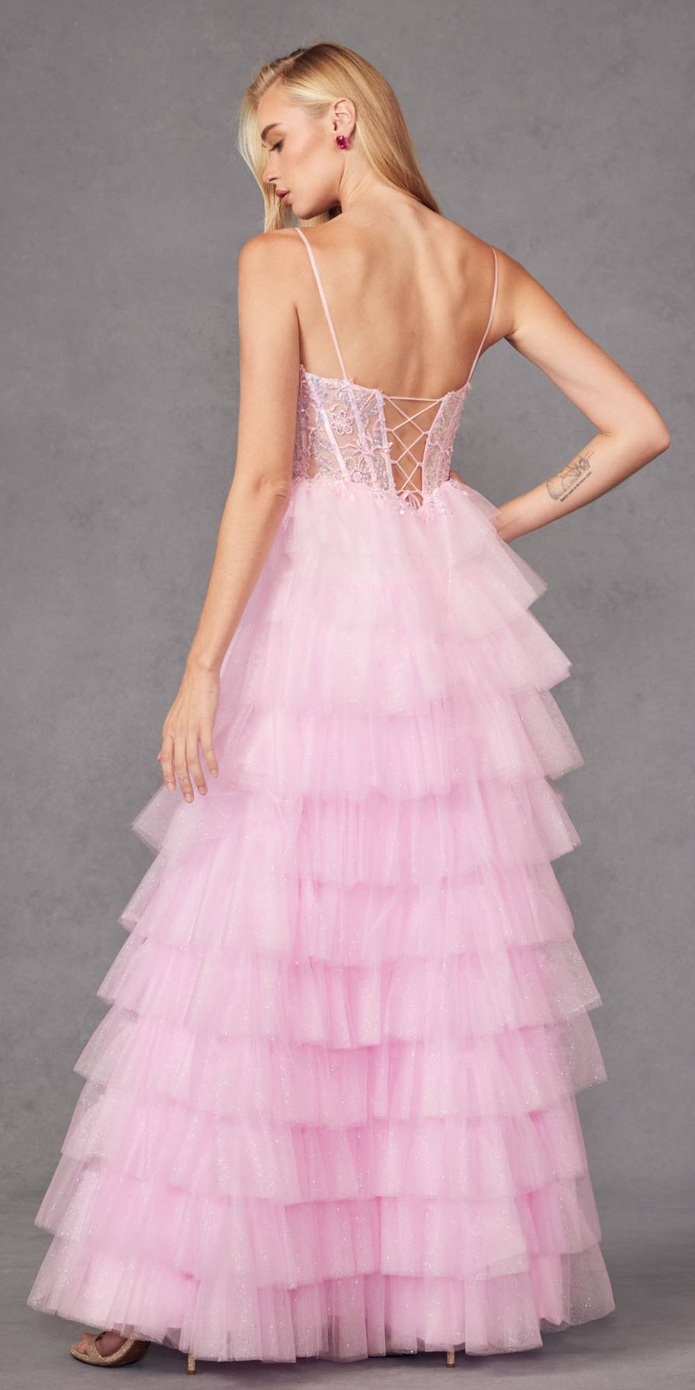 Baby pink long ruffle tulle A-line ball gown, lace bustier bodice, thin straps, back view