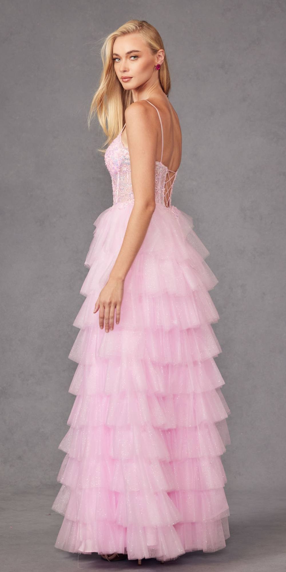 Baby pink long ruffle tulle A-line ball gown with lace bustier bodice and thin straps