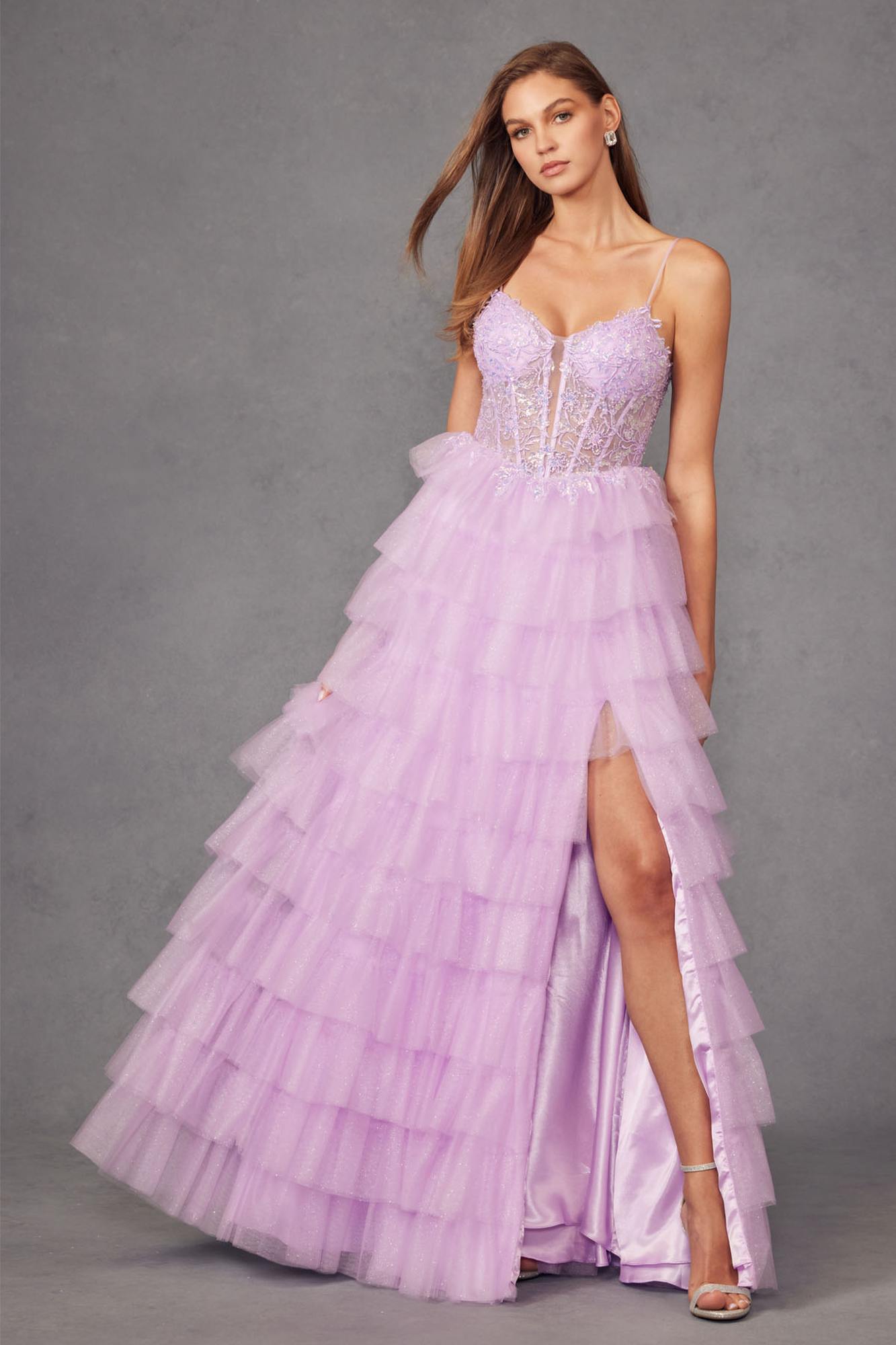 Lilac tulle tiered A-line ball gown with thin straps and side thigh slit