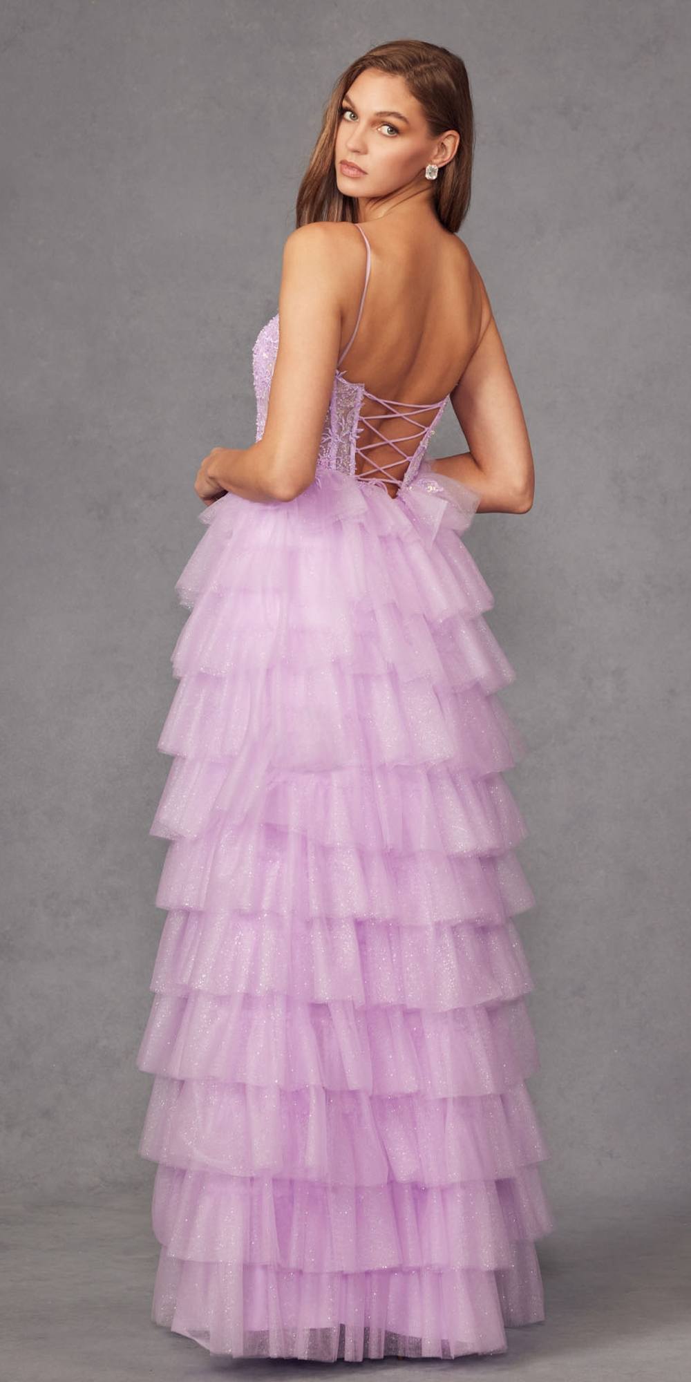 Lilac tulle tiered A-line ball gown with open-back corset lacing and thin straps