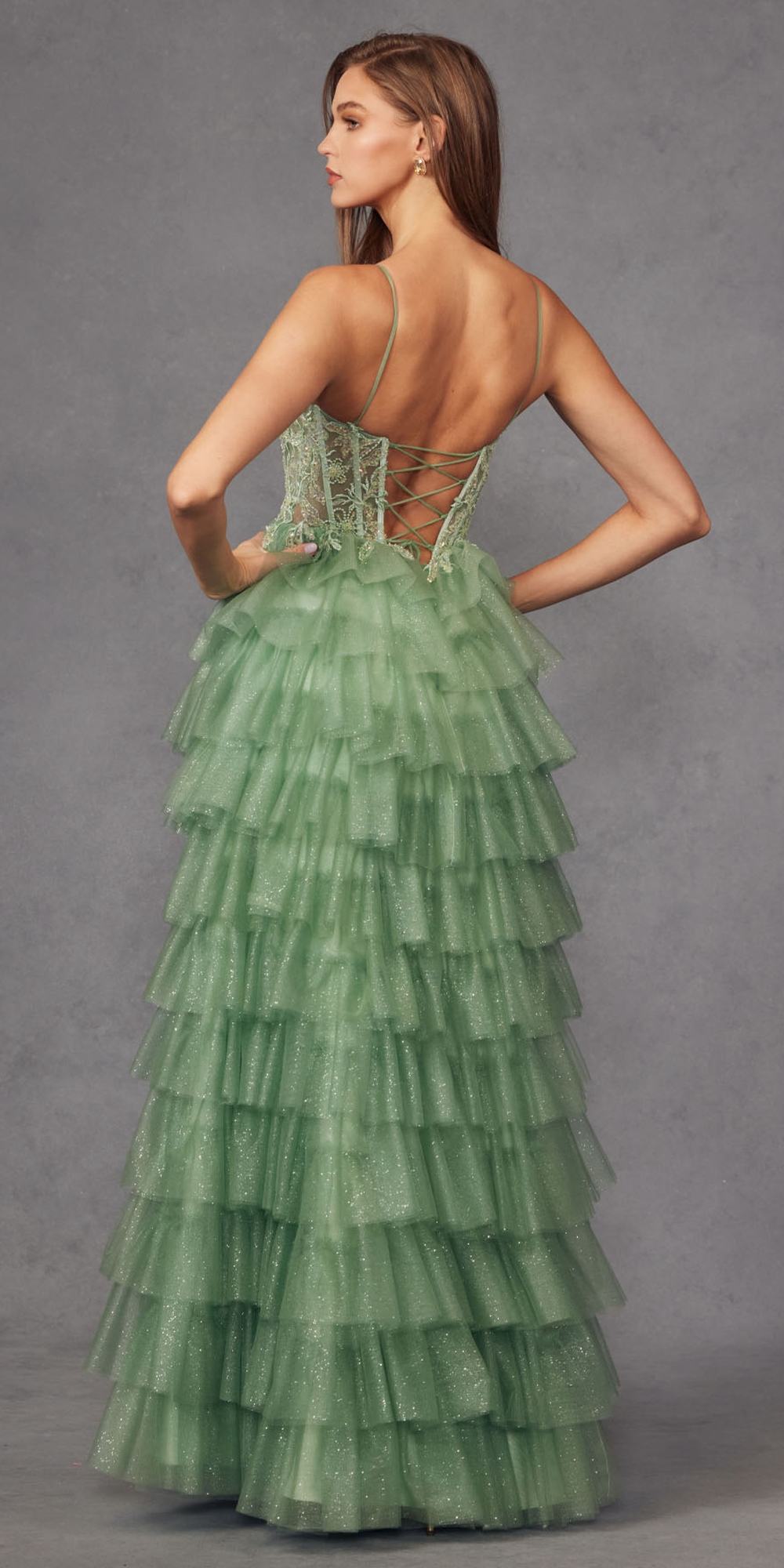 Sea green tulle tiered A-line ball gown with open-back corset lacing and thin straps