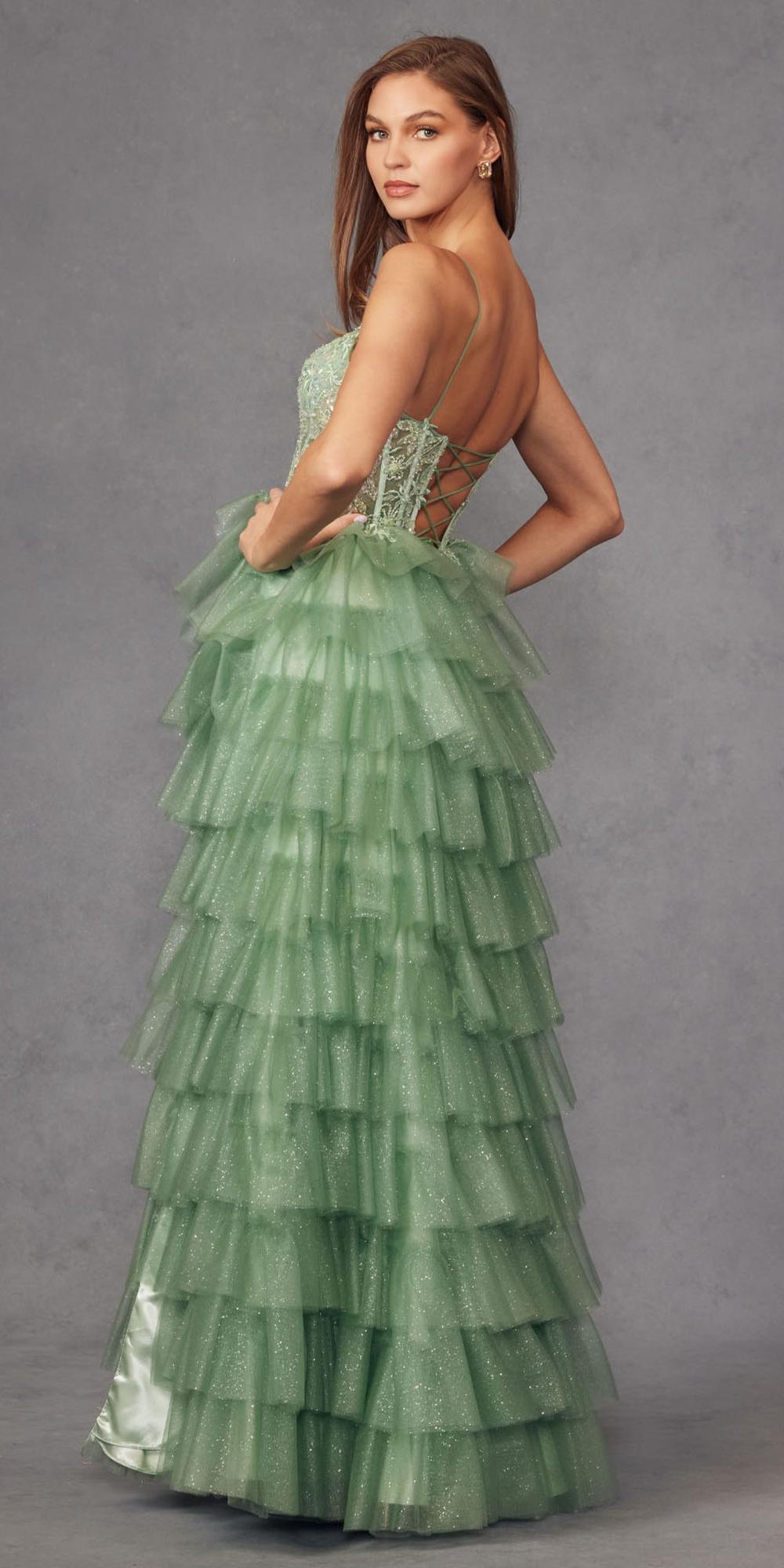 Sea green long ruffle tulle A-line ball gown with lace bodice and thin straps