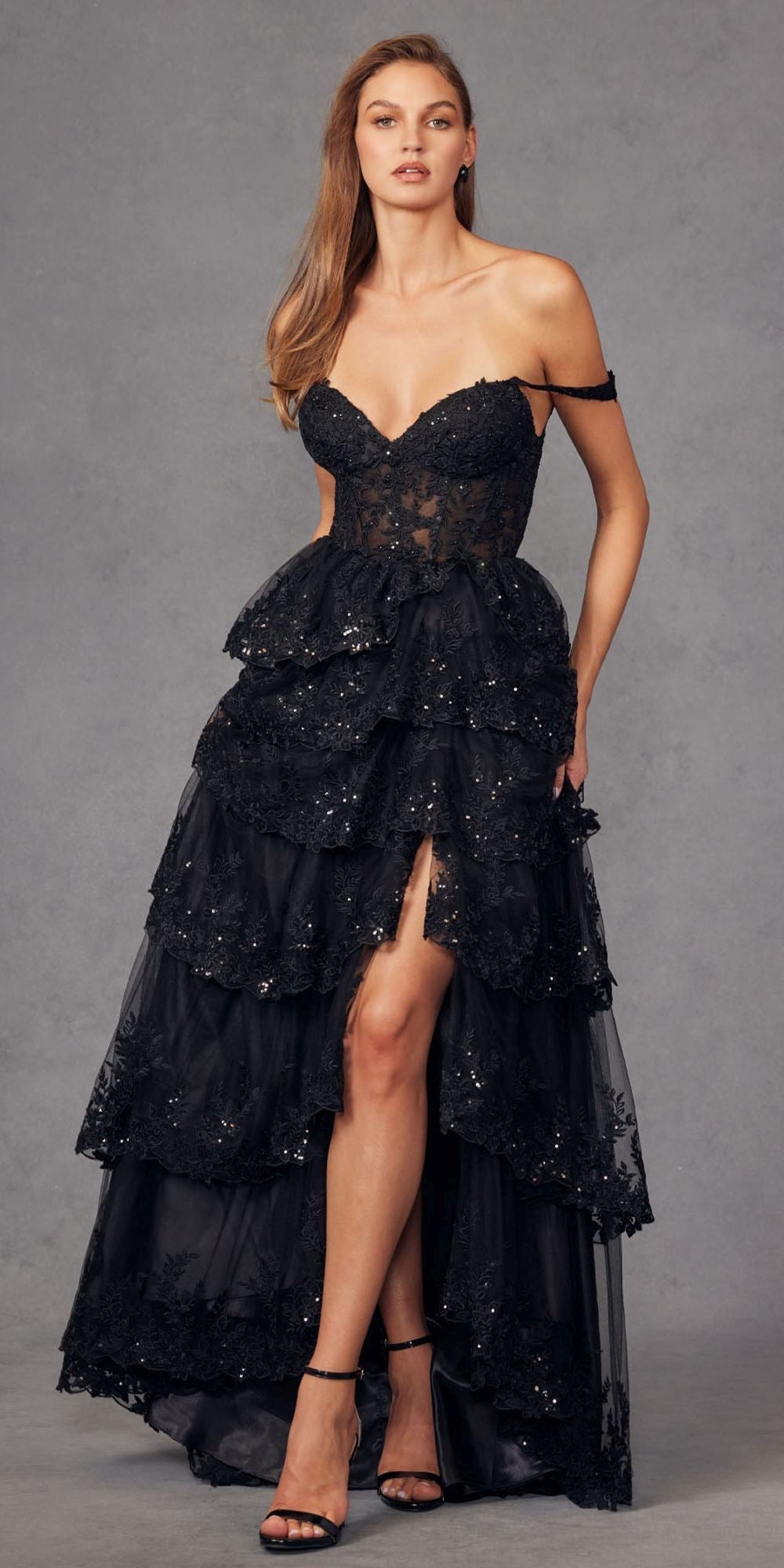 Black tiered ruffle A-line dress with embellished corset bodice and off-the-shoulder fit