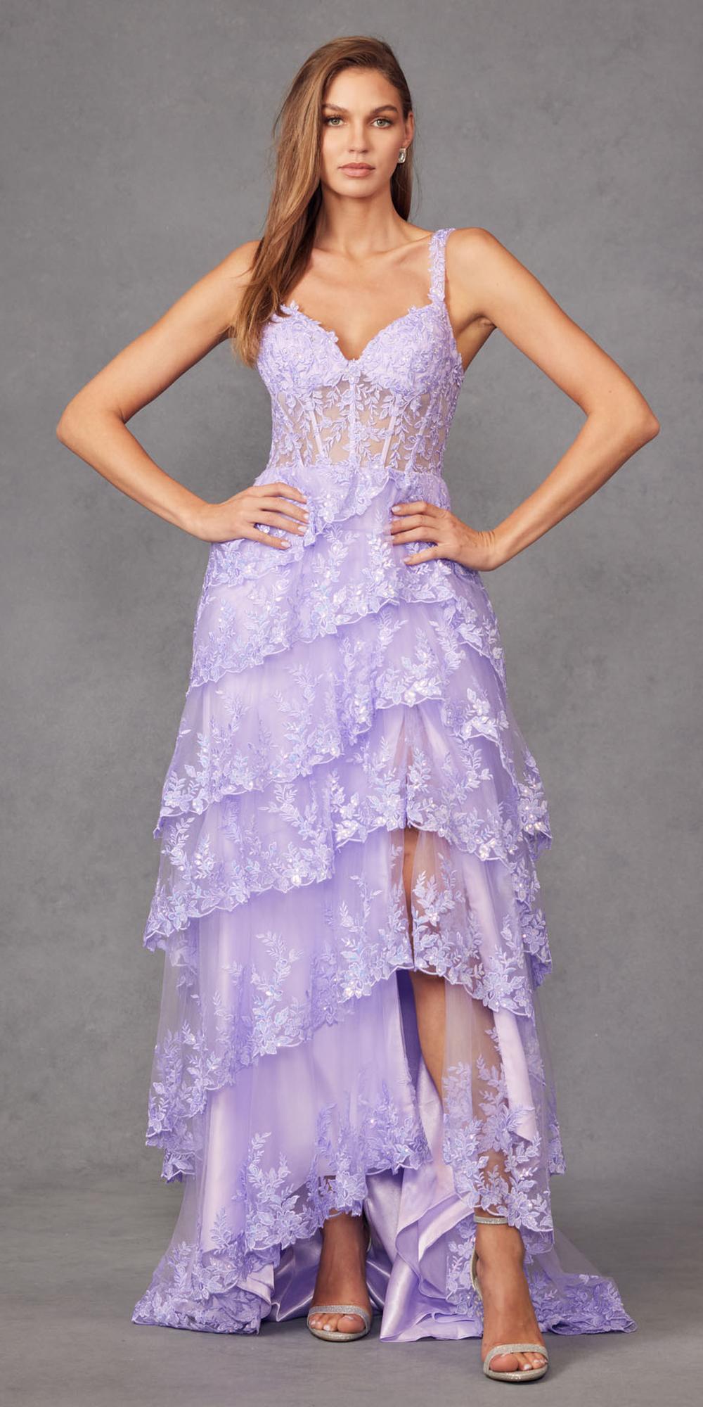 Lilac tiered ruffle A-line dress with corset bodice and thin spaghetti straps
