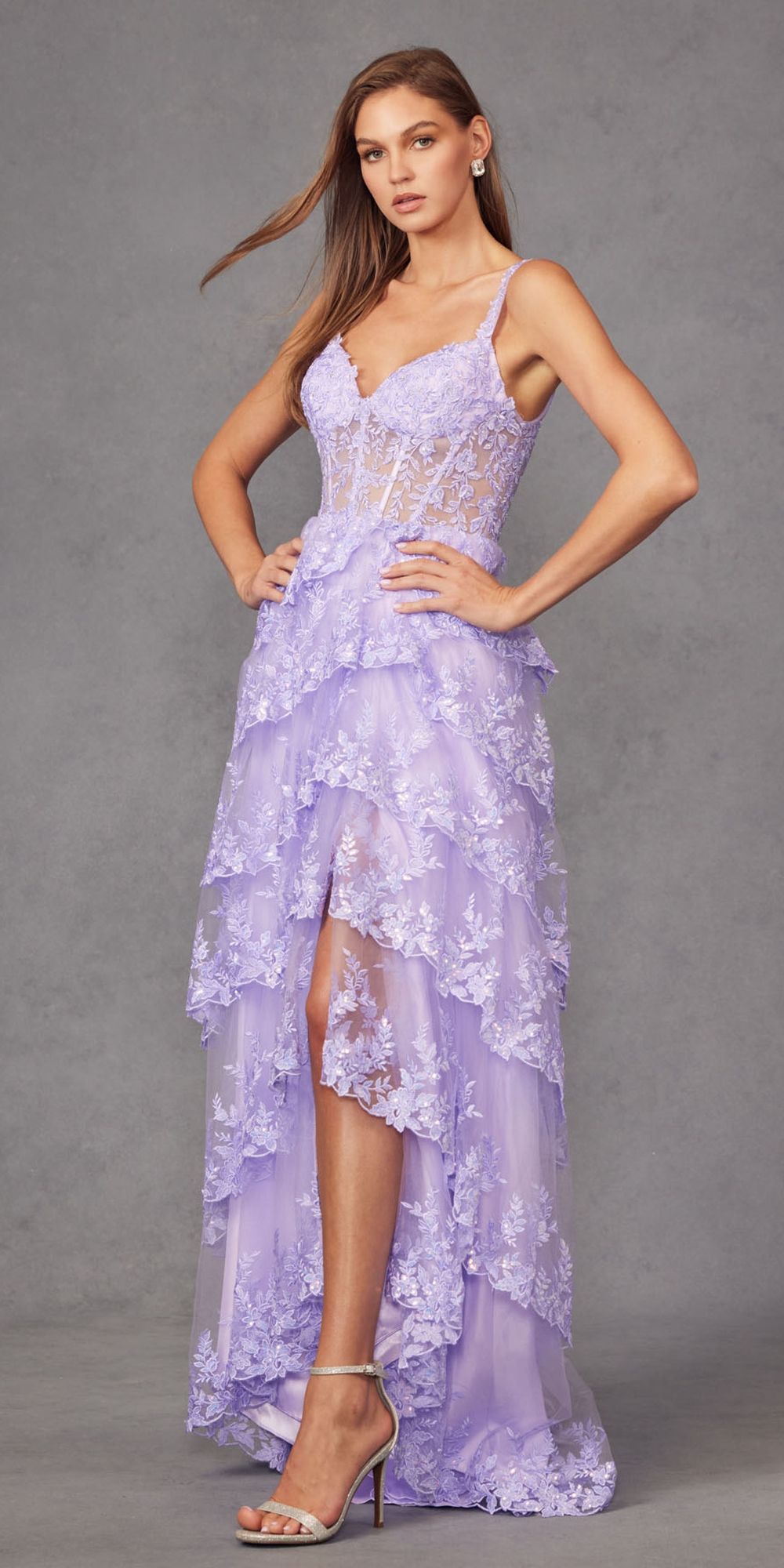 Lilac tiered ruffle A-line dress with corset bodice and asymmetrical ruffle hem