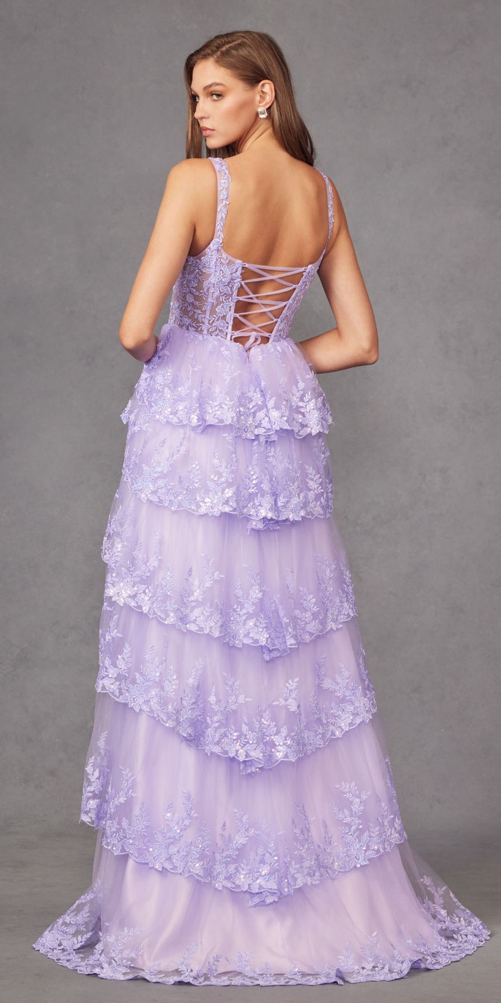 Lilac tiered ruffle A-line dress with corset-style bodice and open-back lacing