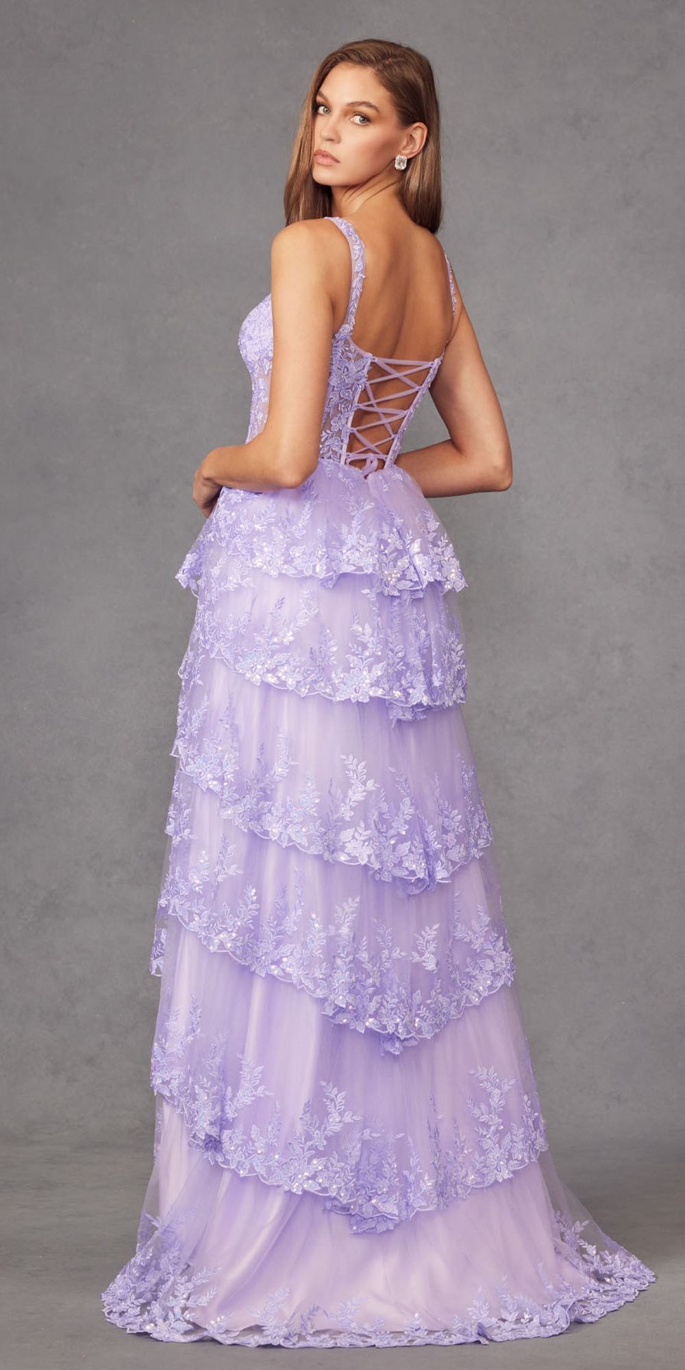 Lilac tiered ruffle A-line dress with corset-style bodice and open-back lacing